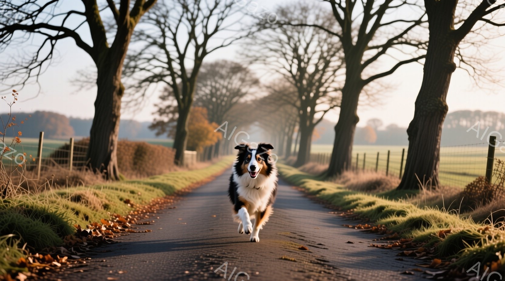 舗装された道の中央を、美しいボーダーコリーが勢いよく走っている。両脇には整然と並んだ落葉樹が立ち並び、足元には落ち葉が散らばり、暖かく穏やかな秋の風景が広がっている。背景には緑の牧草地とフェンスが見え、柔らかな光が全体を包み込み、躍動感と安らぎを感じさせる。