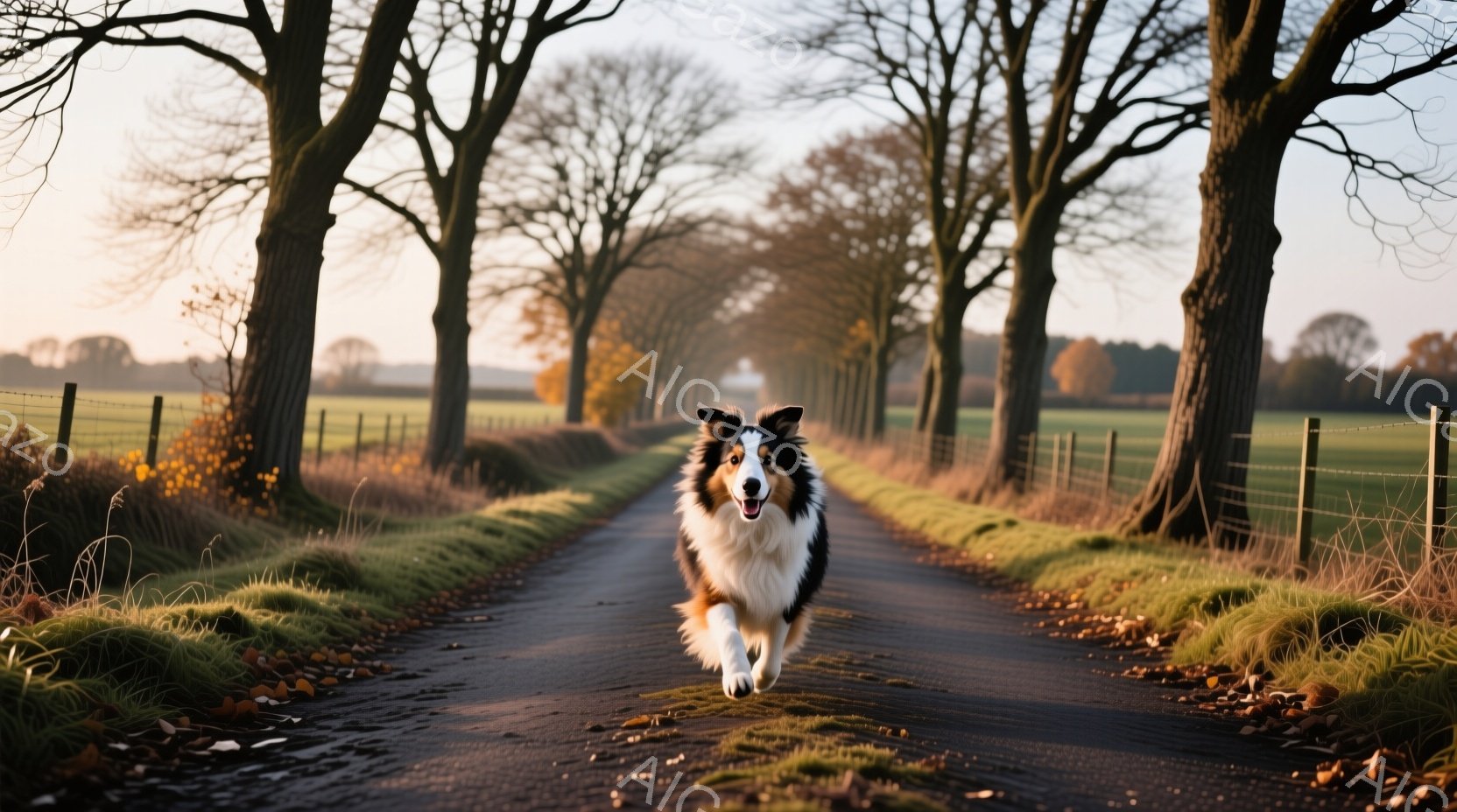 道路を活発に駆けるボーダーコリーが写っている。両脇には整然と並んだ並木道が続き、遠くには草原と空が広がり、秋の穏やかな陽光が全体を包み込んでいる。暖色系の色調が優しく、秋の静けさと犬の躍動感が調和した - AI生成フリー素材