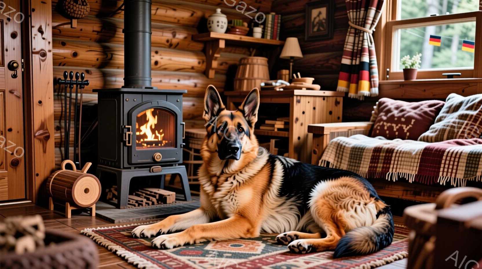 暖炉の前に、ドイツシェパードがリラックスして横たわっています。部屋は木造で、カラフルな絨毯、暖炉のそばの薪、そして窓から差し込む自然光が、温かく居心地の良い雰囲気を作り出しています。背景には本棚や植物 - AI生成フリー素材