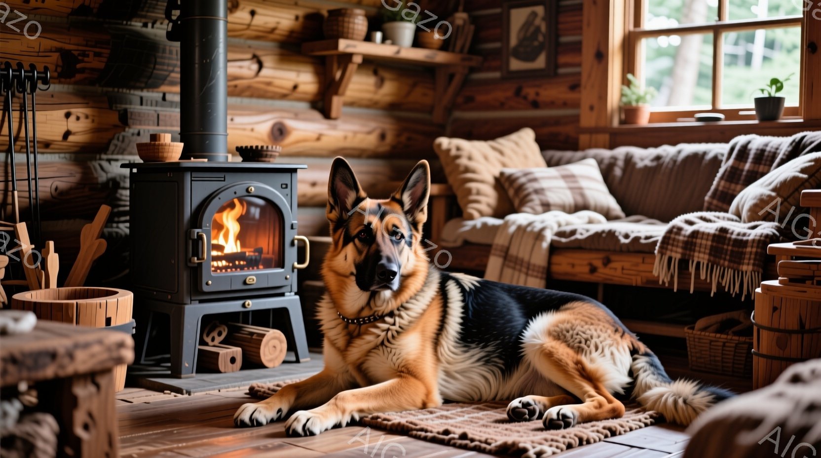 暖炉の前で、美しいジャーマンシェパードが落ち着いて横たわっています。犬は暗い毛並みと明るい茶色のアクセントを持ち、真剣で穏やかな表情でカメラを見つめています。背景は木の壁と暖炉があり、手作りのバスケッ - AI生成フリー素材