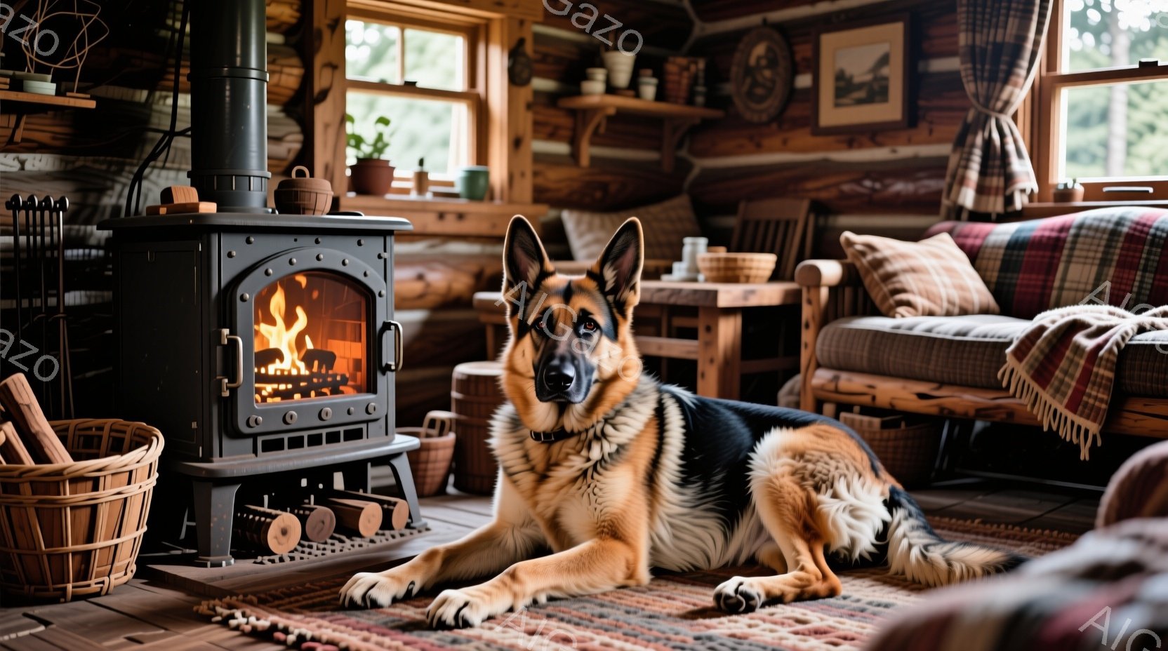 暖炉のそばに座っているジャーマンシェパードが写っています。犬はリラックスした様子で、床のカーペットの上に横たわり、カメラの方をまっすぐ見つめています。背景には木製の壁と家具、そして暖炉から立ち上る炎が - AI生成フリー素材