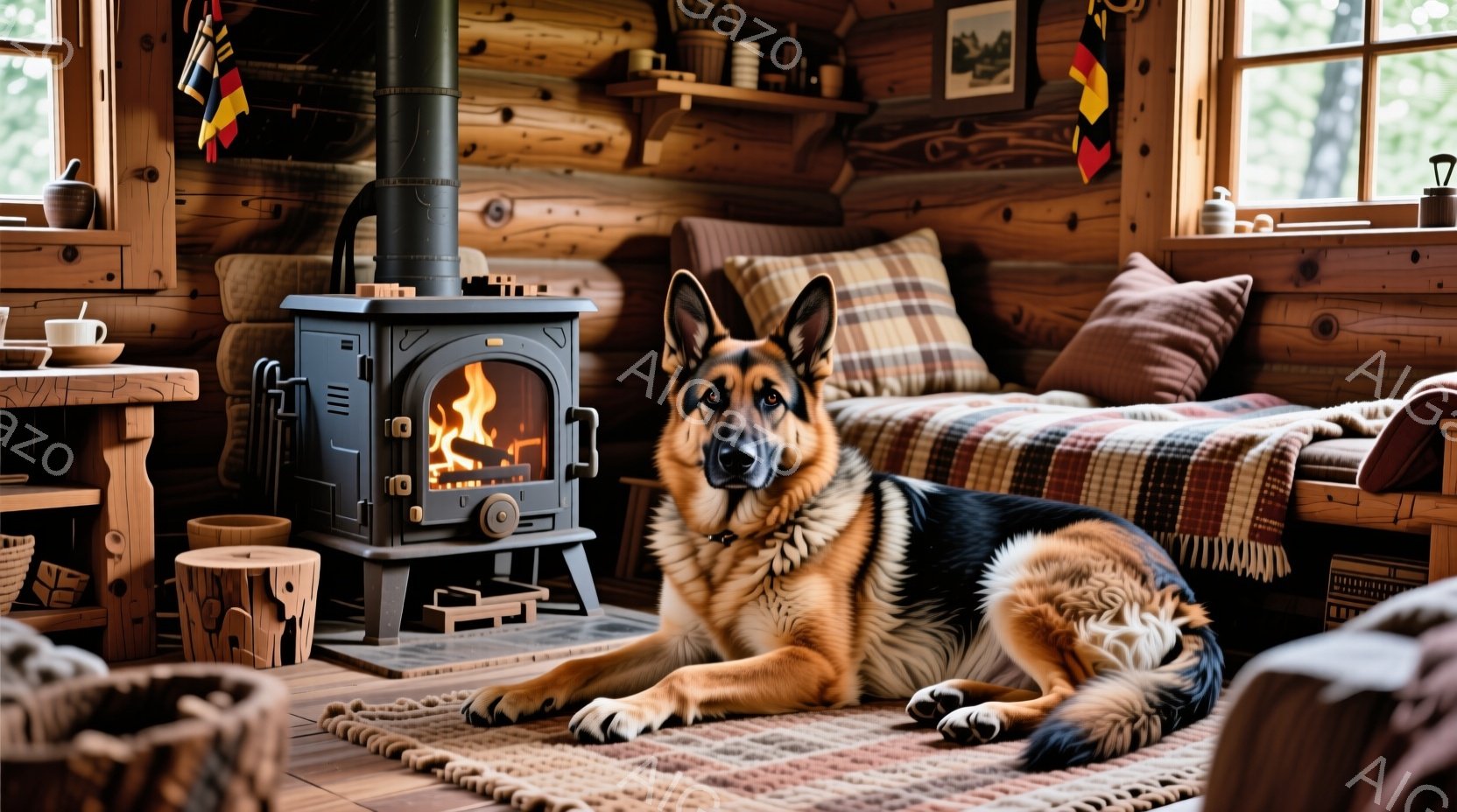 暖炉の前に、ジャーマンシェパードがリラックスして横たわっている。室内は木製の壁と床で暖かく、手織りのラグが敷かれている。窓からは木々が見え、居心地の良い、穏やかな雰囲気を作り出している。 - AI生成フリー素材