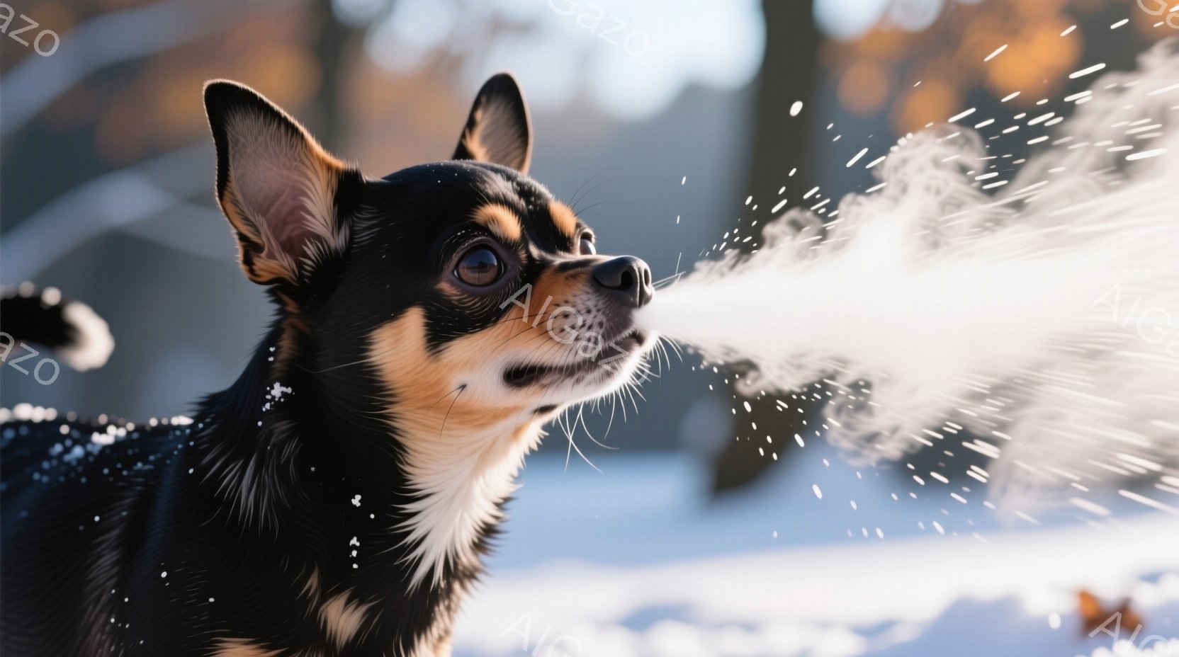 黒と茶色の毛並みを持つ小型犬が雪の中で息を吐いており、白い息が凍り付きそうになっている様子が捉えられています。犬は少し上を見上げており、寒さの中での活動を楽しんでいるような表情をしています。背景には雪景色が広がり、冬の寒くも穏やかな雰囲気が漂っています。