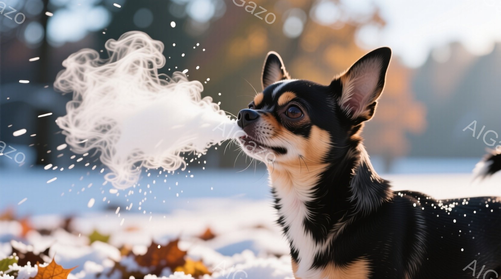 黒とクリーム色の毛並みを持つチワワが、冷たい空気の中で息を吐き出しており、白い息が空中に広がっている。背景には雪が舞い散る冬の風景が広がり、落ち葉も散らばっている。全体的に冷たい冬の空気を感じさせる、 - AI生成フリー素材