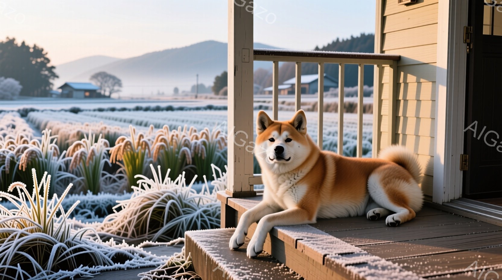 赤い毛並みの秋田犬が、木製のデッキに横たわってこちらを見つめている。背景には霜で覆われた草地と、遠くに見える建物や山々が広がり、静かで穏やかな冬の朝の雰囲気が漂っている。犬はリラックスした様子で、表情 - AI生成フリー素材