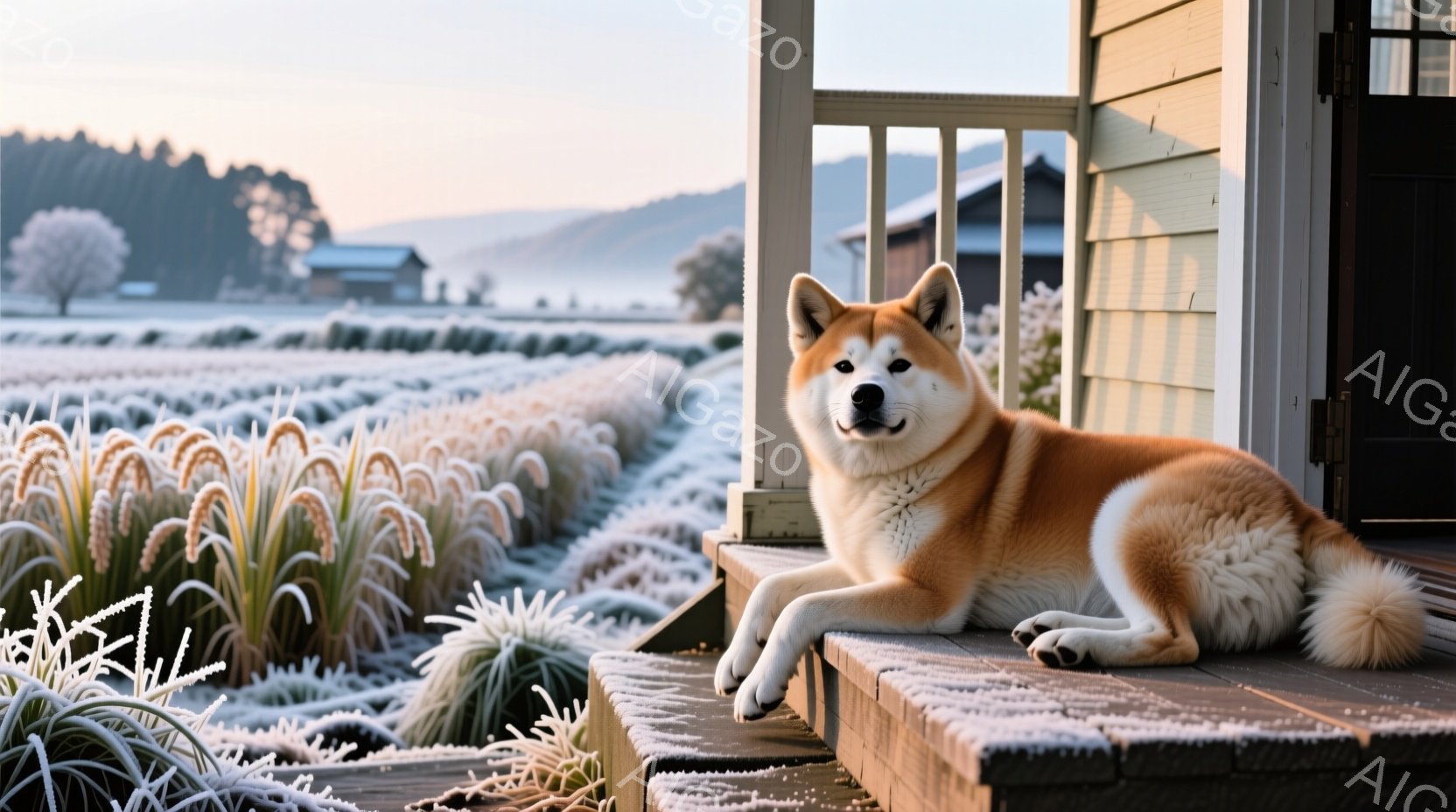 柴犬が木製のデッキに座って、リラックスした表情で遠くを見つめている。背景には霜で覆われた草原と、ぼんやりとした山々が見え、冷たい冬の朝の静かな風景が広がっている。デッキの一部にも霜が降りており、全体的 - AI生成フリー素材
