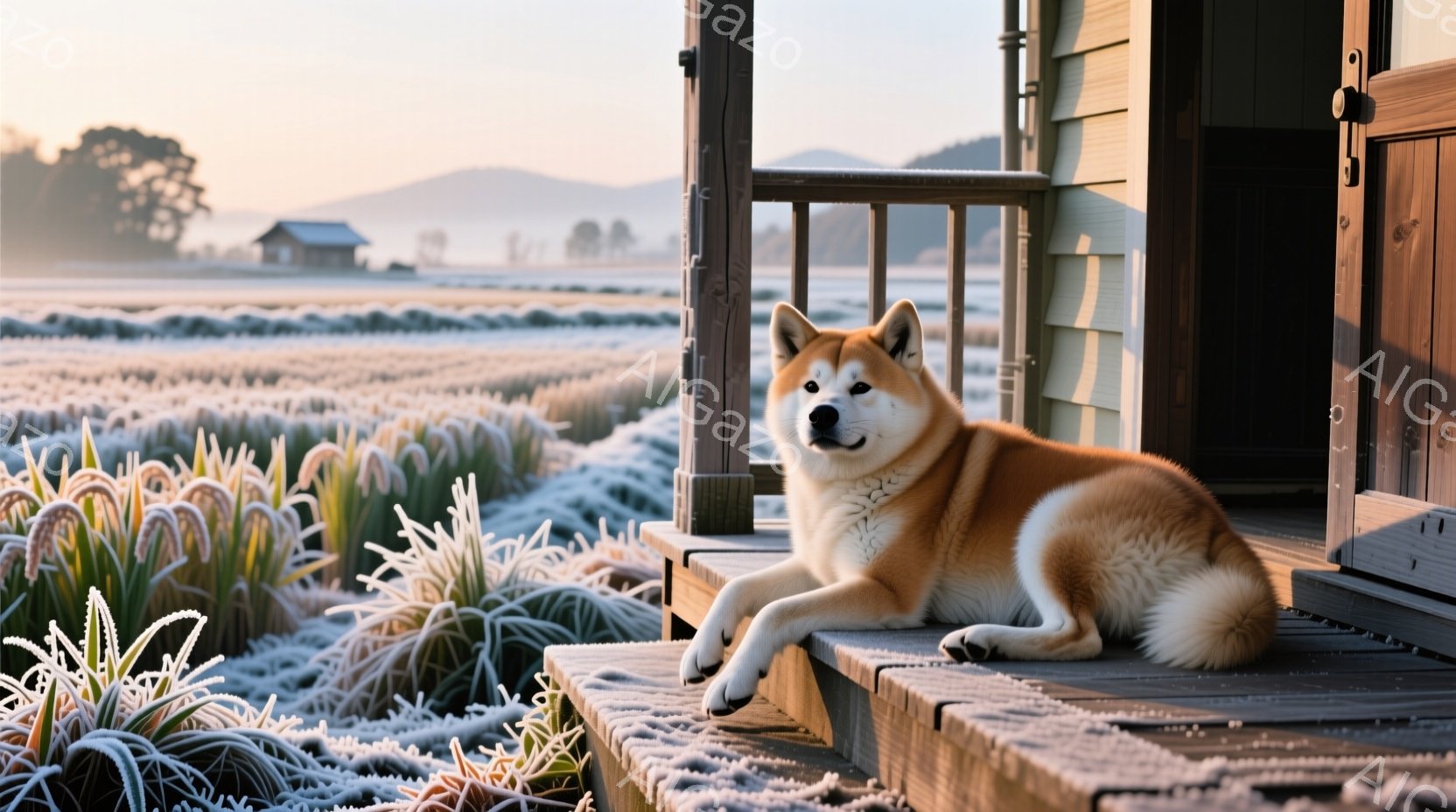 柴犬が木製のデッキに座り、リラックスした表情で正面を見つめている。背景には霜で覆われた田園風景が広がり、遠くには山々と家屋が見える。朝日の光が柔らかく、静かで穏やかな雰囲気を醸し出している。 - AI生成フリー素材