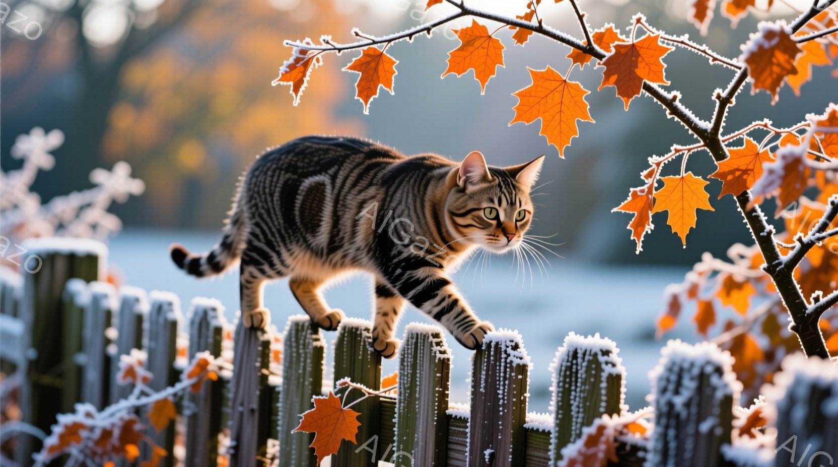 縞模様の猫が、霜で覆われた木製の柵の上を慎重に歩いている。背景にはぼやけた自然の風景が広がり、鮮やかなオレンジ色の紅葉が寒々とした光景にアクセントを加えている。全体的に、冬の穏やかな朝の静けさと、猫の - AI生成フリー素材
