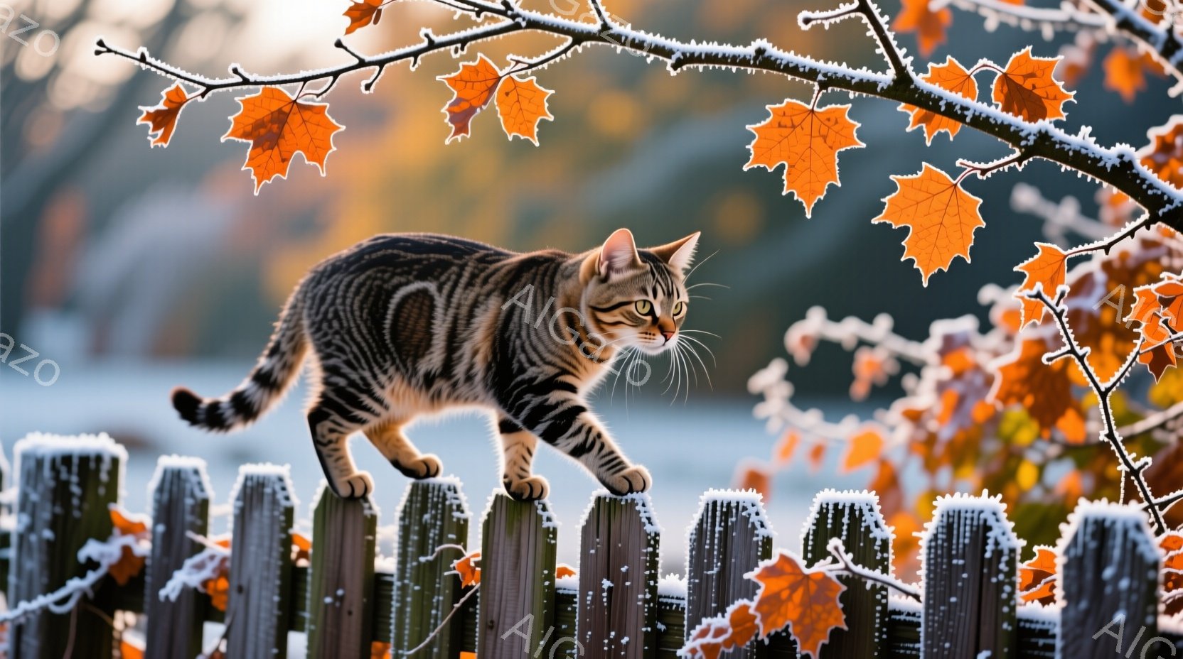 縞模様の猫が、霜で覆われた木の柵の上を慎重に歩いている。背景にはぼやけた自然の風景が広がり、秋らしい赤やオレンジ色の葉が霜で白く縁取られている。全体的に、穏やかで静寂に包まれた、秋の朝の情景が表現され - AI生成フリー素材