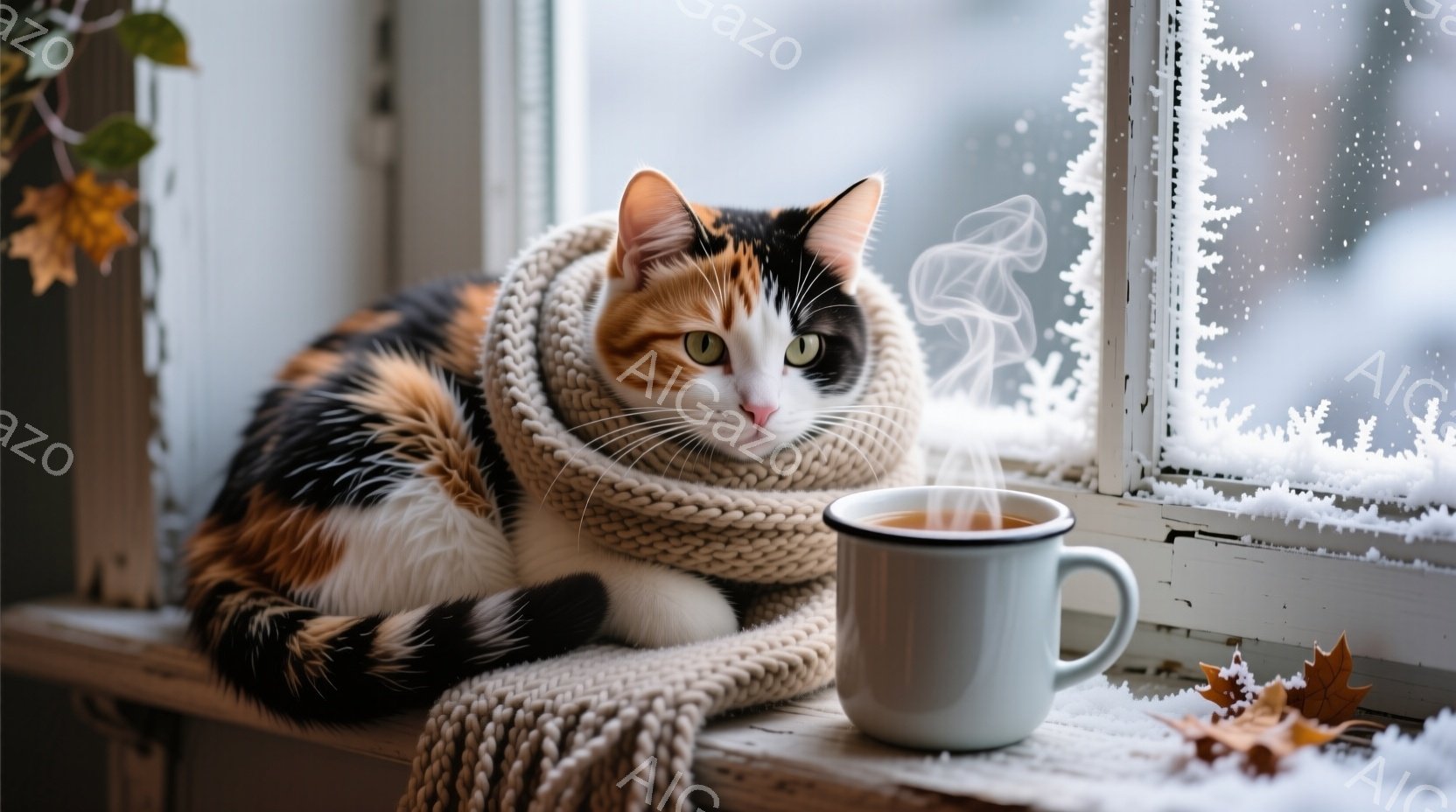 白、黒、オレンジ色の毛並みを持つ猫が、クリーム色の厚手のニットのショールを首に巻き、窓辺に座っています。猫はリラックスした表情でカメラを見つめ、その横には湯気が立ち上る温かい飲み物が置かれています。背 - AI生成フリー素材