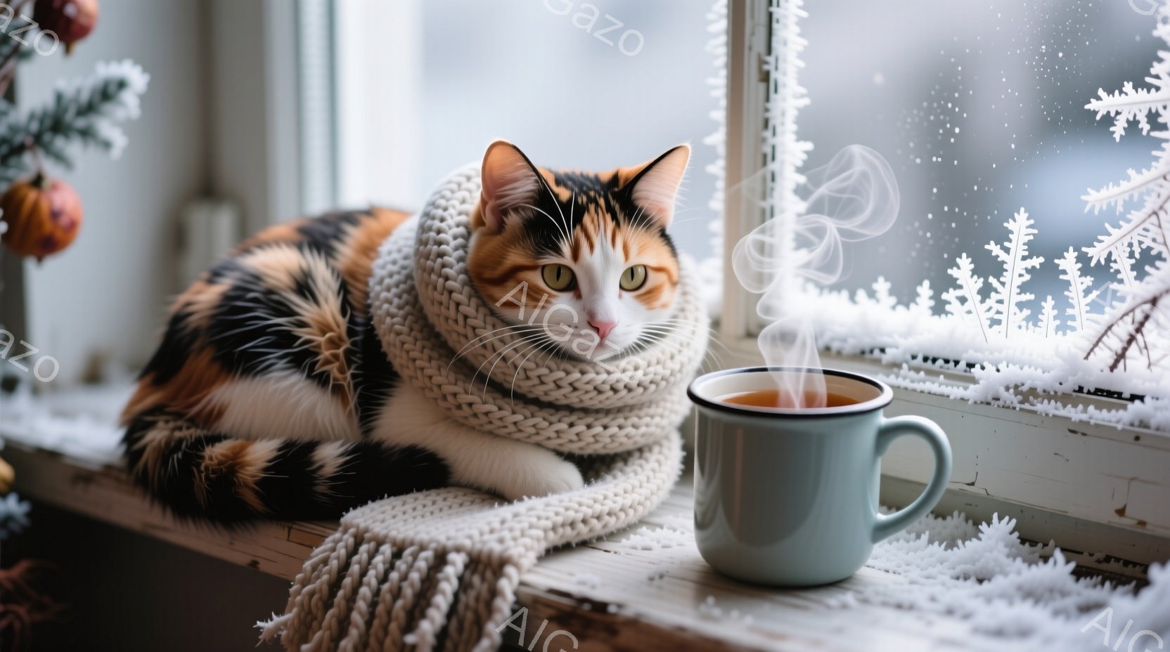 白、黒、オレンジ色の毛並みを持つ猫が、クリーム色の編み物のマフラーを巻いて窓辺に横たわっています。猫はリラックスした表情で、窓の外の雪景色を眺めているようです。背景には、雪の結晶模様が描かれた窓、そし - AI生成フリー素材