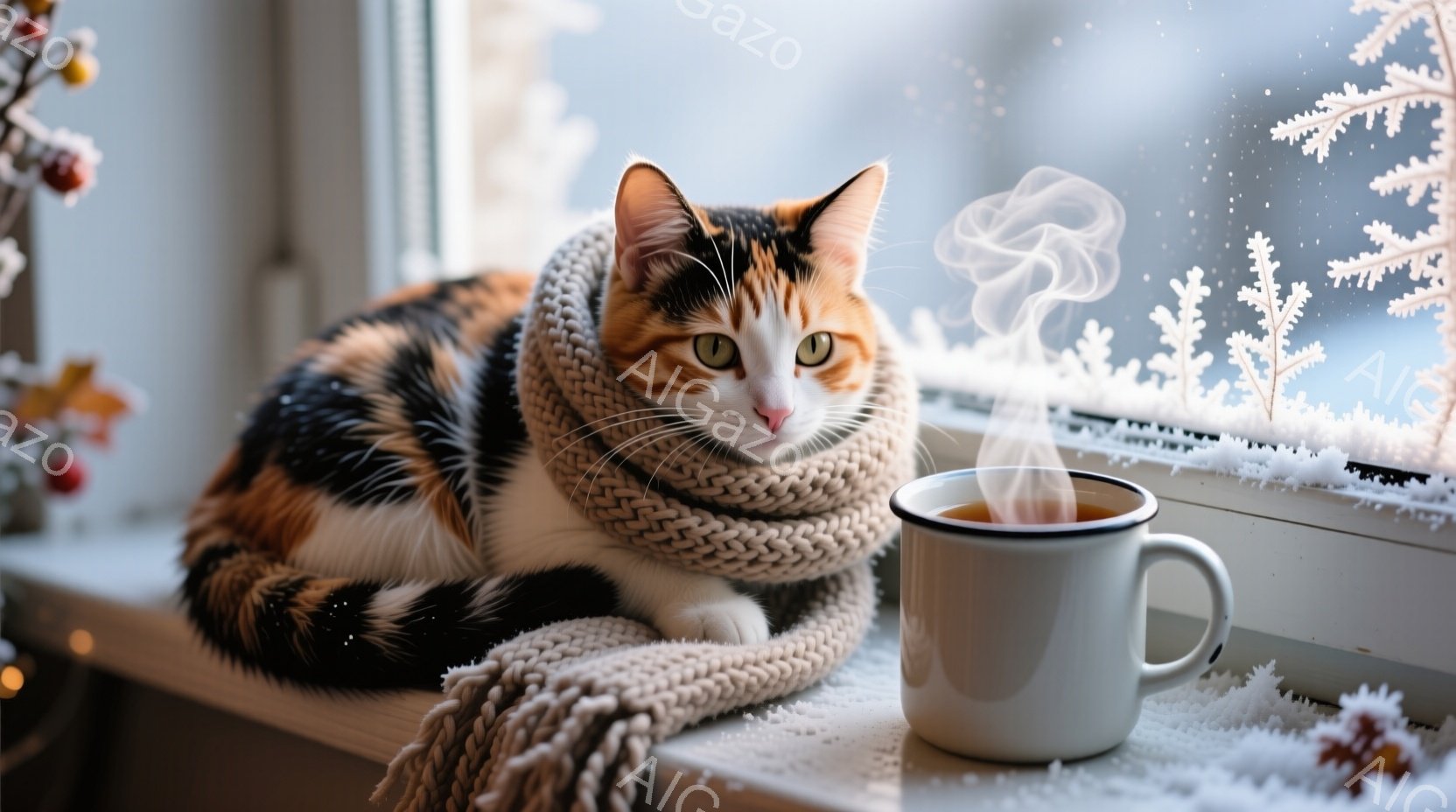 白と茶色のまだら模様の猫が窓際に座り、首にクリーム色の編み物のマフラーを巻いています。猫は穏やかな表情でカメラを見つめており、リラックスした姿勢で体を丸めています。背景には雪の結晶が描かれた窓と、わず - AI生成フリー素材