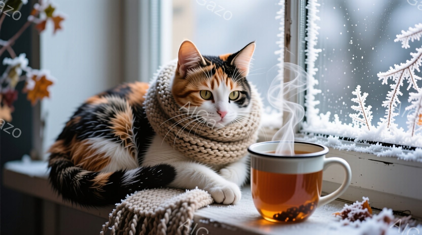 白と茶色のまだら模様の猫が、窓辺の白い棚に丸まって横たわっています。首には手編みのベージュ色のマフラーが巻かれ、リラックスした表情でこちらを見ています。背景は雪で覆われた窓の外の風景で、暖かく穏やかな - AI生成フリー素材