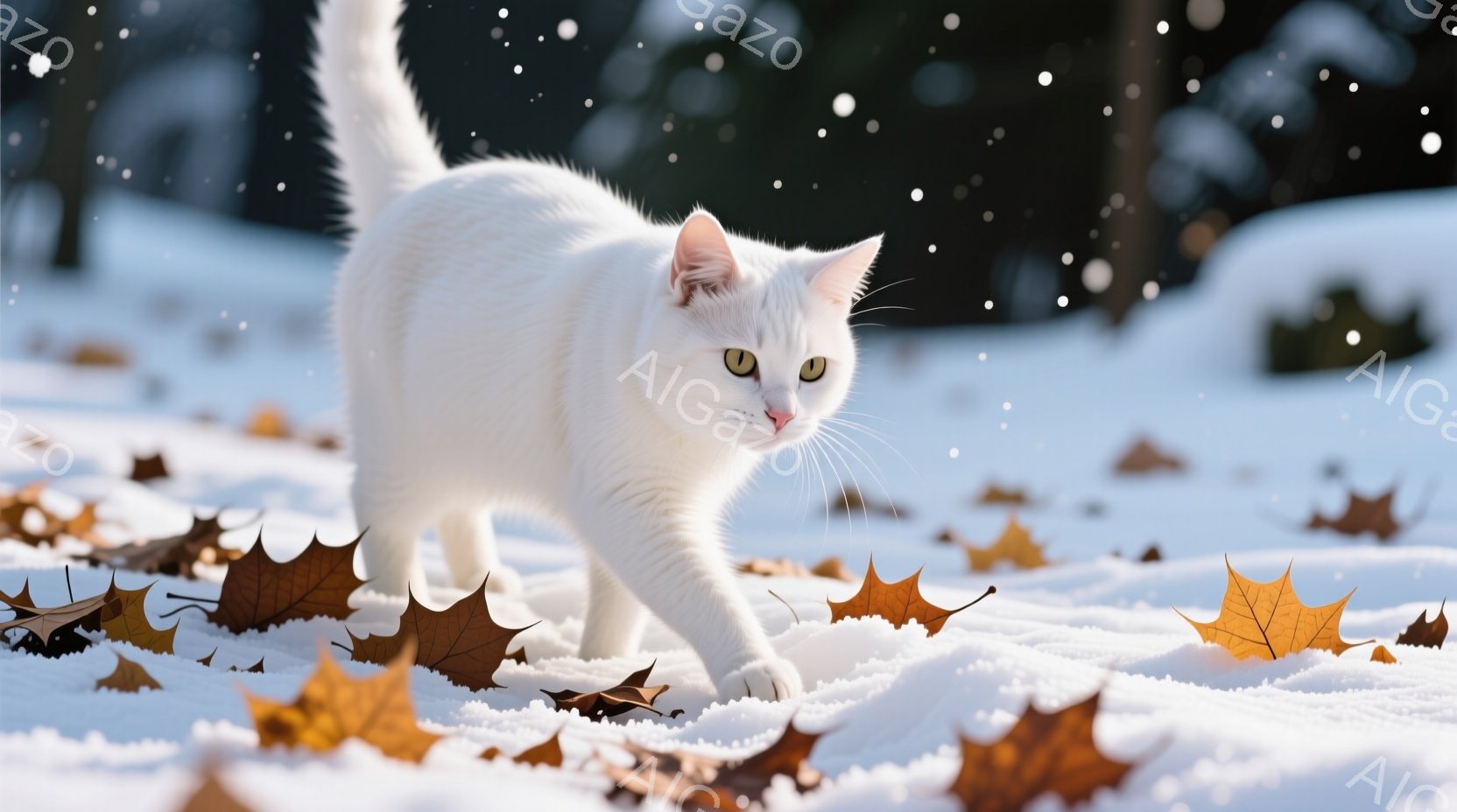 白い猫が雪の上を歩いている。茶色い落ち葉が点在する雪景色の中、猫は前方をまっすぐ見つめ、凛とした表情を見せている。背景はぼやけており、雪が舞っている様子がうかがえ、静かで穏やかな雰囲気が漂っている。