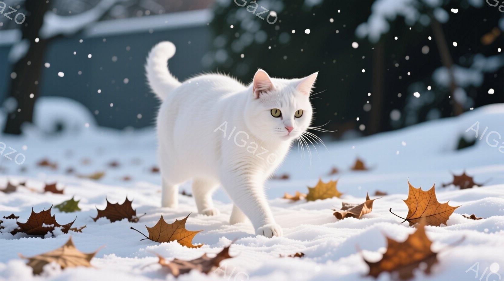 白い猫が雪の上を堂々と歩いている。鮮やかなオレンジ色の落ち葉が雪面に点在し、冬の風景にアクセントを加えている。背景にはぼやけた緑の木々と、白い建物が見え、穏やかで静寂な雰囲気を醸し出している。 - AI生成フリー素材