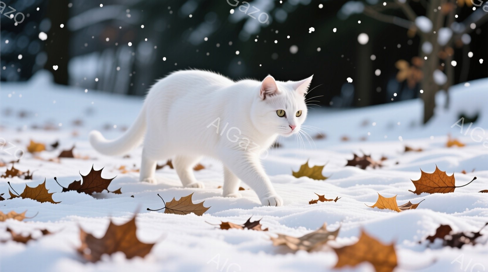 白い猫が雪と枯葉の上を歩いている。猫は少し顔を上げていて、何かを見ているような表情をしている。背景には雪景色が広がり、冬の静かで穏やかな雰囲気が漂っている。 - AI生成フリー素材