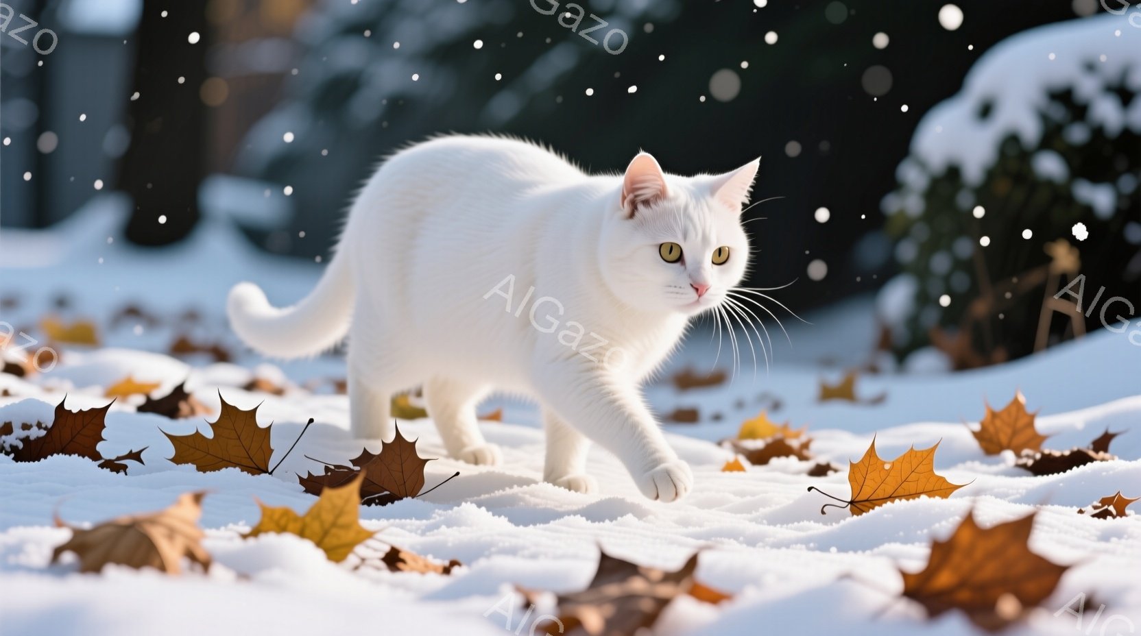 白い猫が雪の上を歩いている。秋の茶色い葉が雪の上に散らばっており、冬の終わりか春の始まりのような情景を作り出している。猫は前方をまっすぐ見つめ、凛とした表情で、雪の中を優雅に進んでいる。