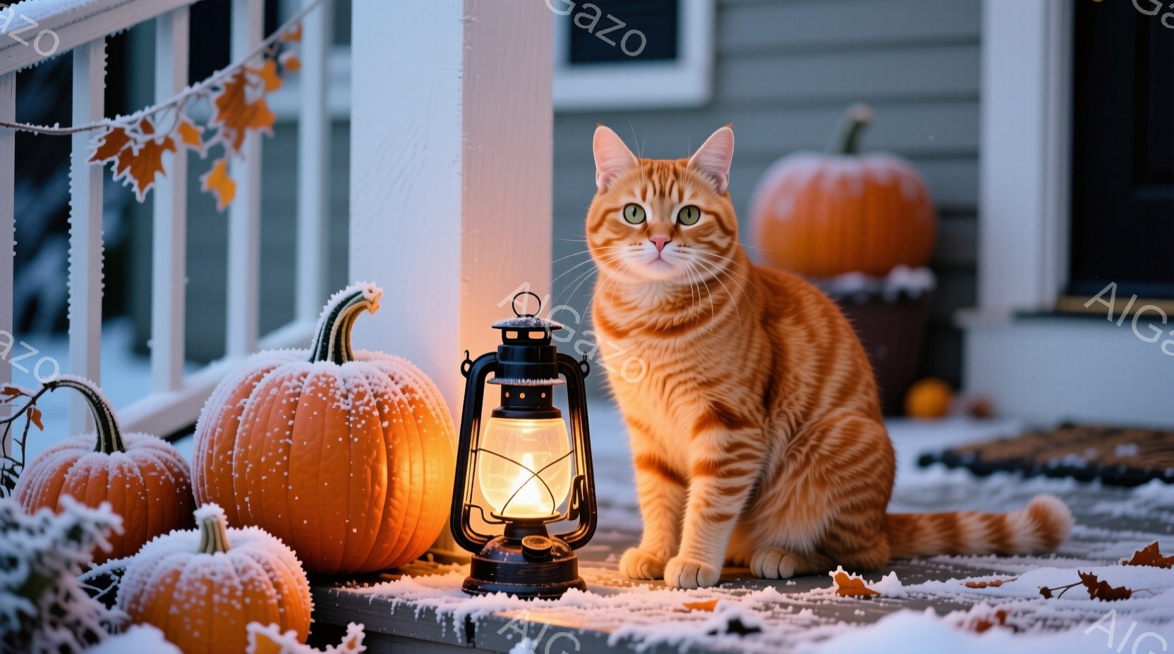 オレンジ色のタビー猫が、ハロウィーンの飾り付けがされた玄関のステップに座っています。周囲には霜で覆われた様々な形のカボチャが置かれ、古い石油ランプが猫の隣で灯っています。背景には木製の外壁の家と、薄暗 - AI生成フリー素材