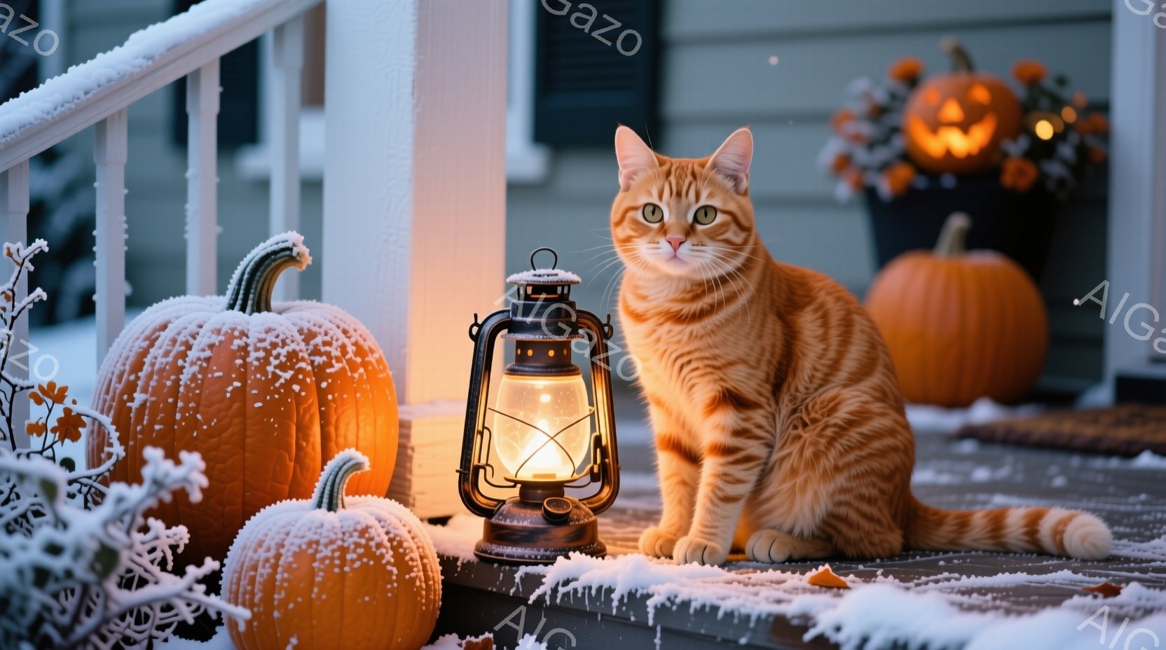オレンジ色のトラ猫が、霜で覆われた家の玄関ポーチに座っています。周りにはハロウィーンの飾りであるカボチャや、点灯したランタンが置かれ、薄暗い中で温かい光を放っています。背景にはぼんやりと家が見え、全体 - AI生成フリー素材