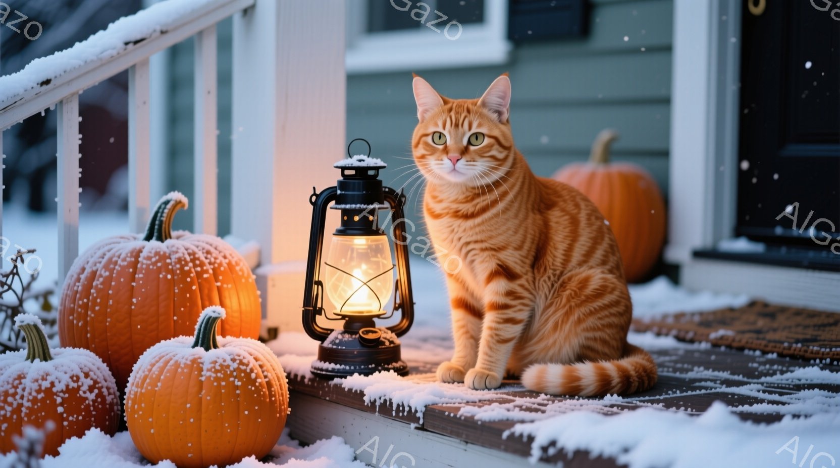 オレンジ色のトラ猫が、雪の積もった家の玄関ポーチに座ってこちらを見ています。周りにはハロウィンのカボチャが置かれ、レトロな石油ランタンが灯っている様子から、秋から冬への季節の変わり目を表しています。雪 - AI生成フリー素材