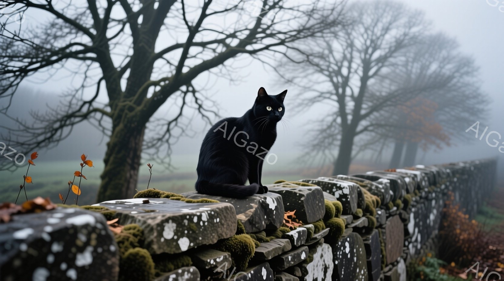 黒猫が苔むした石垣の上に座っており、緑色の草地と霧に包まれた木々の背景が広がっています。猫はまっすぐ前を見据え、落ち着いた表情で周囲を観察しているようです。全体的に湿り気のある冷たい空気と、静寂に包まれた神秘的な雰囲気が漂っています。