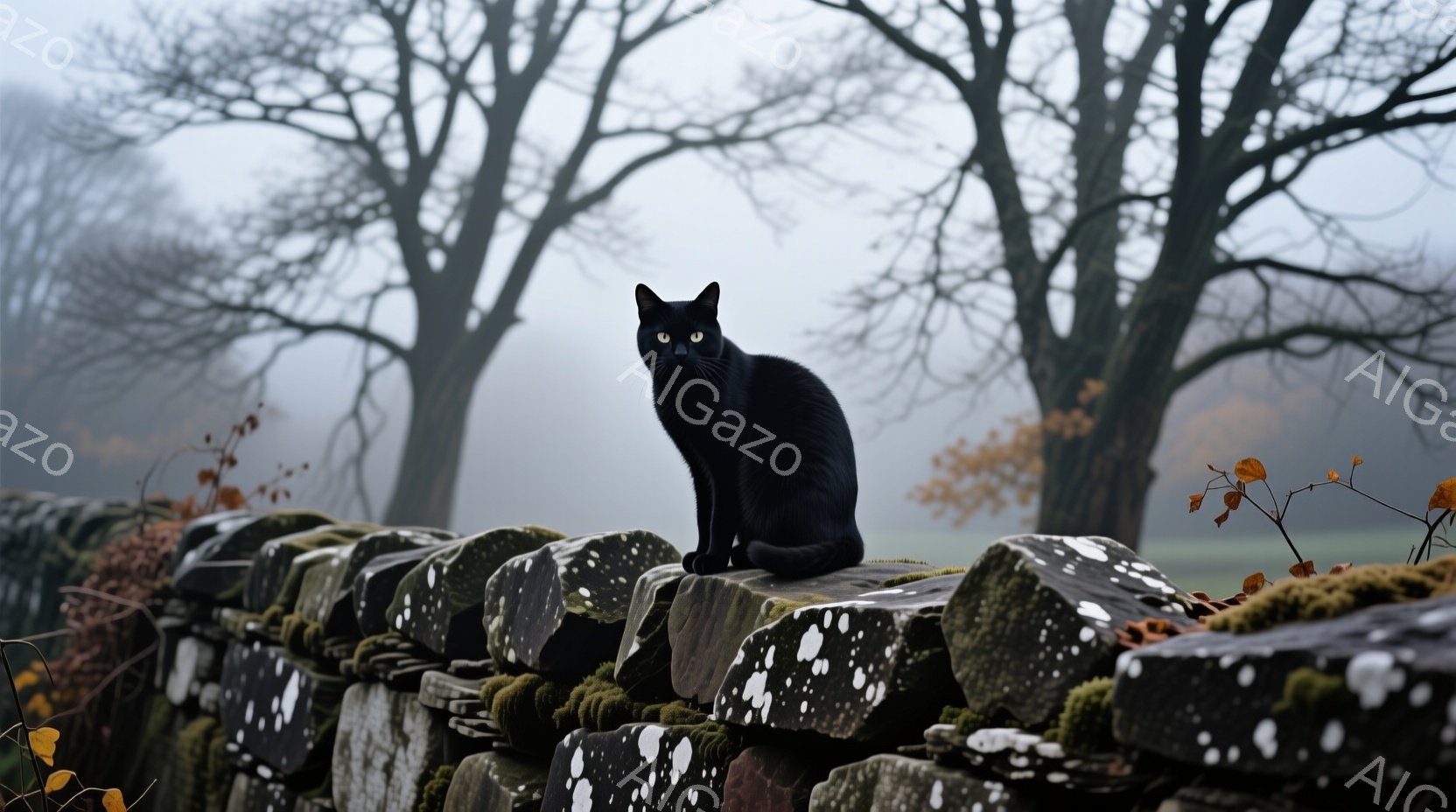 黒い猫が石積みの壁の上に座っており、緑色の苔が壁の隙間に生えている。背景は霧に包まれた木々で、全体的に陰鬱で静かな雰囲気を醸し出している。猫は前方をまっすぐ見つめ、落ち着いた様子で、薄暗い光の中でその - AI生成フリー素材