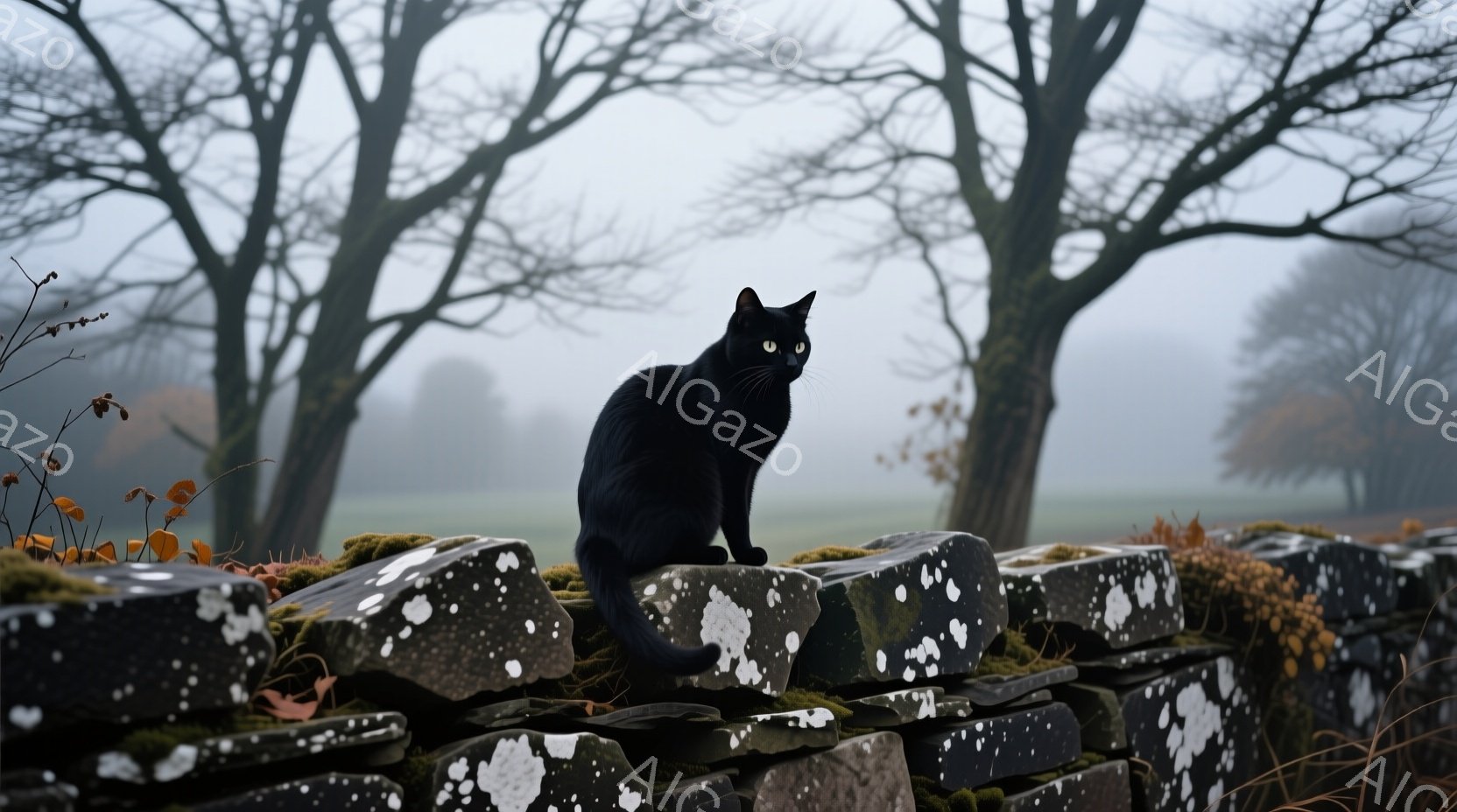 黒猫が石積みの壁の上に座っており、その毛並みは光沢があり、まるで闇夜に溶け込むようである。背景は霧に包まれた草原と、葉を落とした木々が連なり、全体的に静寂で神秘的な雰囲気を醸し出している。猫の視線はど - AI生成フリー素材