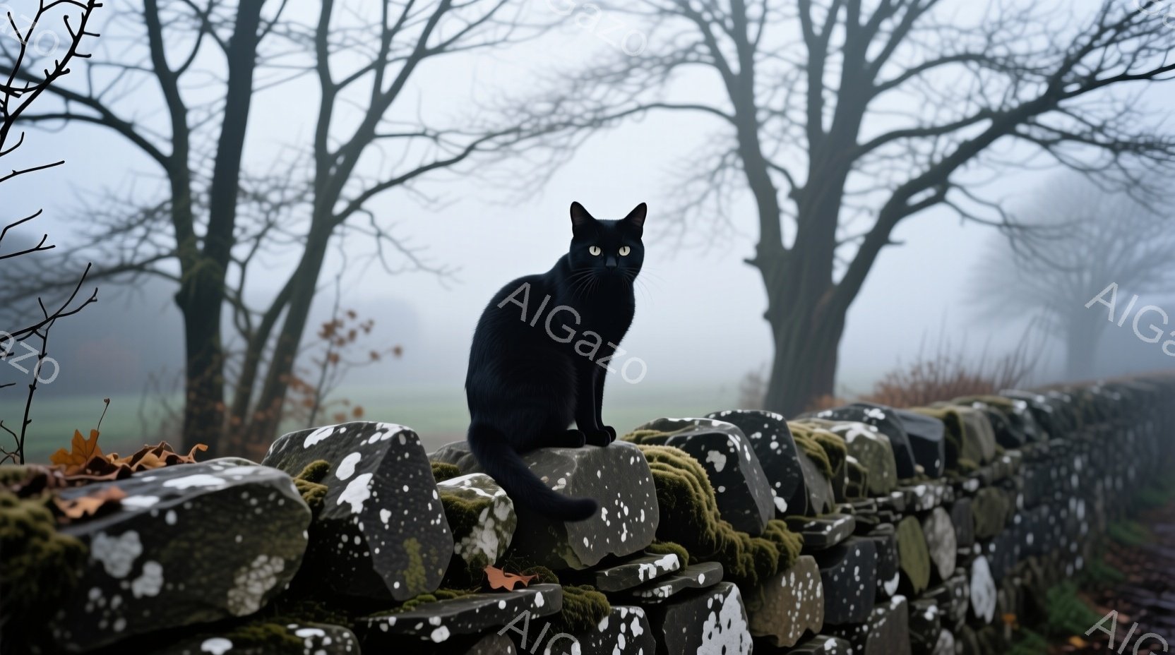 黒い猫が、苔むした石積みの壁の上に座って正面を見つめています。背景は霧に包まれた荒野で、葉を落とした木々がシルエットとなって見え、全体的に陰鬱で神秘的な雰囲気を醸し出しています。猫の毛並みは艶やかで、まるで暗闇に溶け込む夜の精霊のようです。