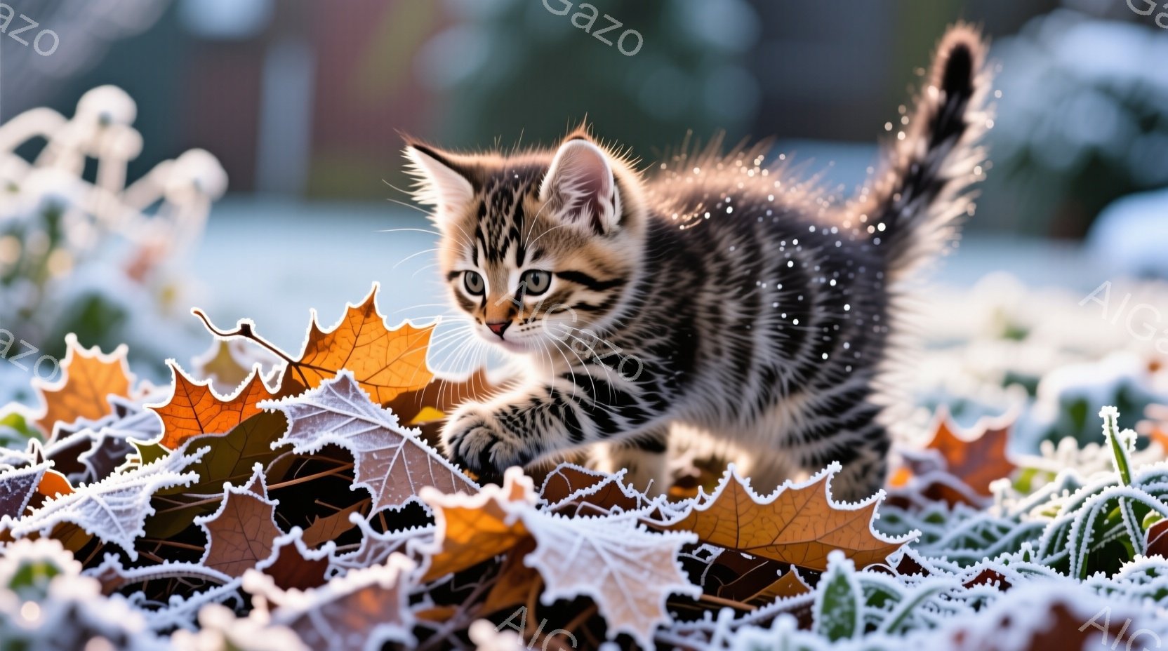 鮮やかなオレンジ色の落ち葉の上に、縞模様の小さな子猫が歩いている様子が捉えられています。葉は霜で覆われ、子猫の毛並みにも薄く霜が付着しており、冬の始まりを感じさせる光景です。子猫は前方をじっと見つめ、好奇心と警戒心が入り混じった表情をしています。
