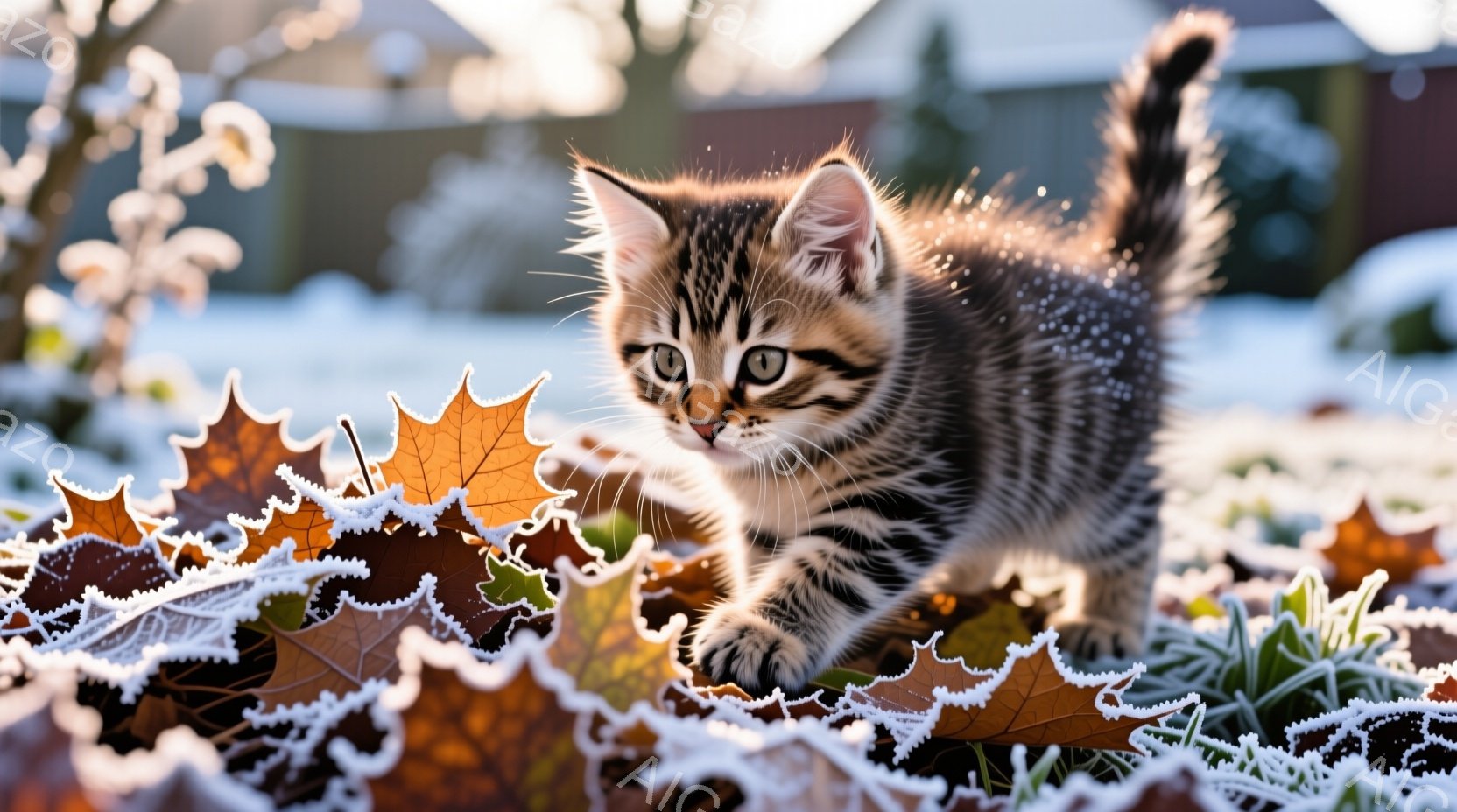 小柄な縞模様の猫が、霜で覆われた落ち葉の上を歩いている。猫は前足を前に出し、緑色の瞳で何かを見つめているようで、集中した表情をしている。背景には、冬の寒さを伝える白い霜が降り積もった植物と、ぼやけた住宅が見え、冷たい空気と静寂が感じられる。