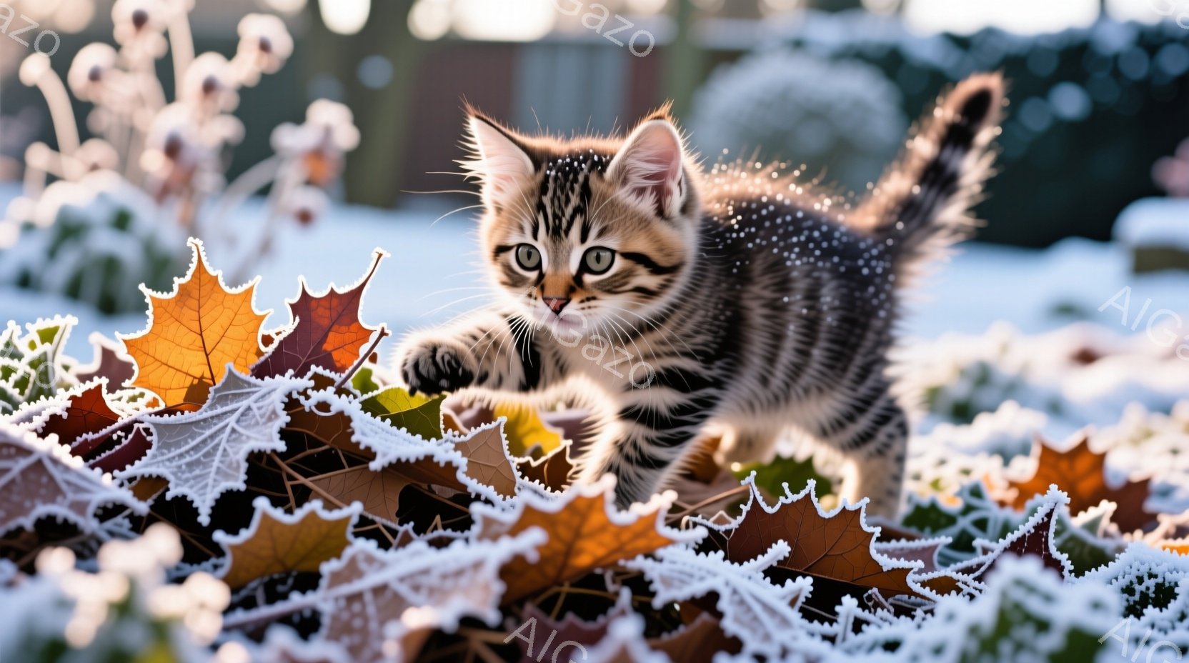 鮮やかな霜で覆われた落ち葉の上を、縞模様の小さな子猫が活発に走り回っている。子猫は好奇心に満ちた表情で前方を凝視し、遊び心に溢れた姿勢で、前足を伸ばして葉に触れようとしている。背景には雪景色が広がり、 - AI生成フリー素材