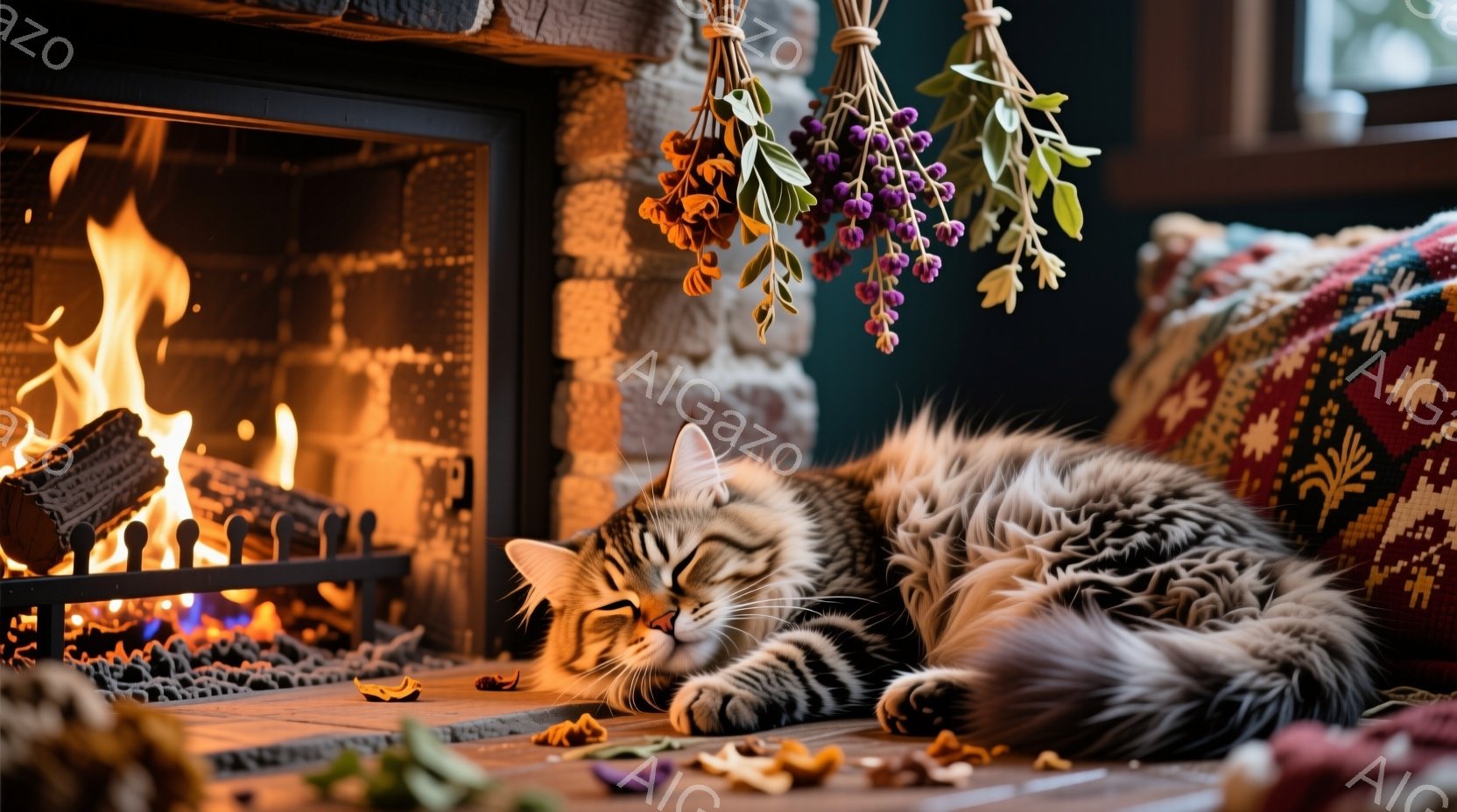 縞模様の猫が暖炉のそばの床で丸まって眠っています。背景には石造りの暖炉があり、炎が燃え盛り、オレンジ色の落ち葉が散らばっています。暖炉の上にはドライフラワーが吊るされ、全体的に暖かく、居心地の良い、秋 - AI生成フリー素材