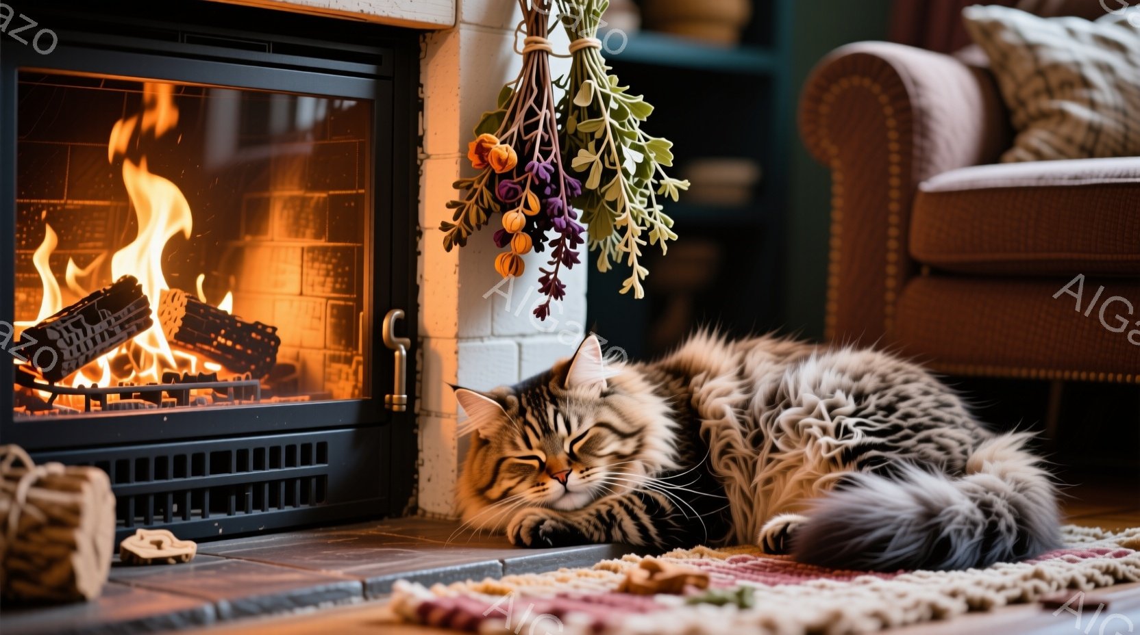 暖炉のそばで、毛並みの美しい縞模様の猫がリラックスして横たわっています。暖炉からは炎が燃え盛り、温かく居心地の良い雰囲気を作り出しています。背景には、飾り気のあるラグと、ドライフラワーが飾られた壁が見 - AI生成フリー素材