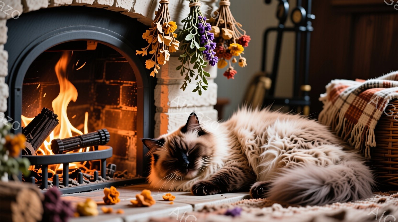 暖炉の前で、クリーム色の長毛の猫がリラックスして横たわっています。猫は目を閉じ、足は伸ばして、まるで心地よい暖かさを楽しんでいるようです。背景には石造りの暖炉、燃え盛る炎、そしてドライフラワーの装飾が - AI生成フリー素材