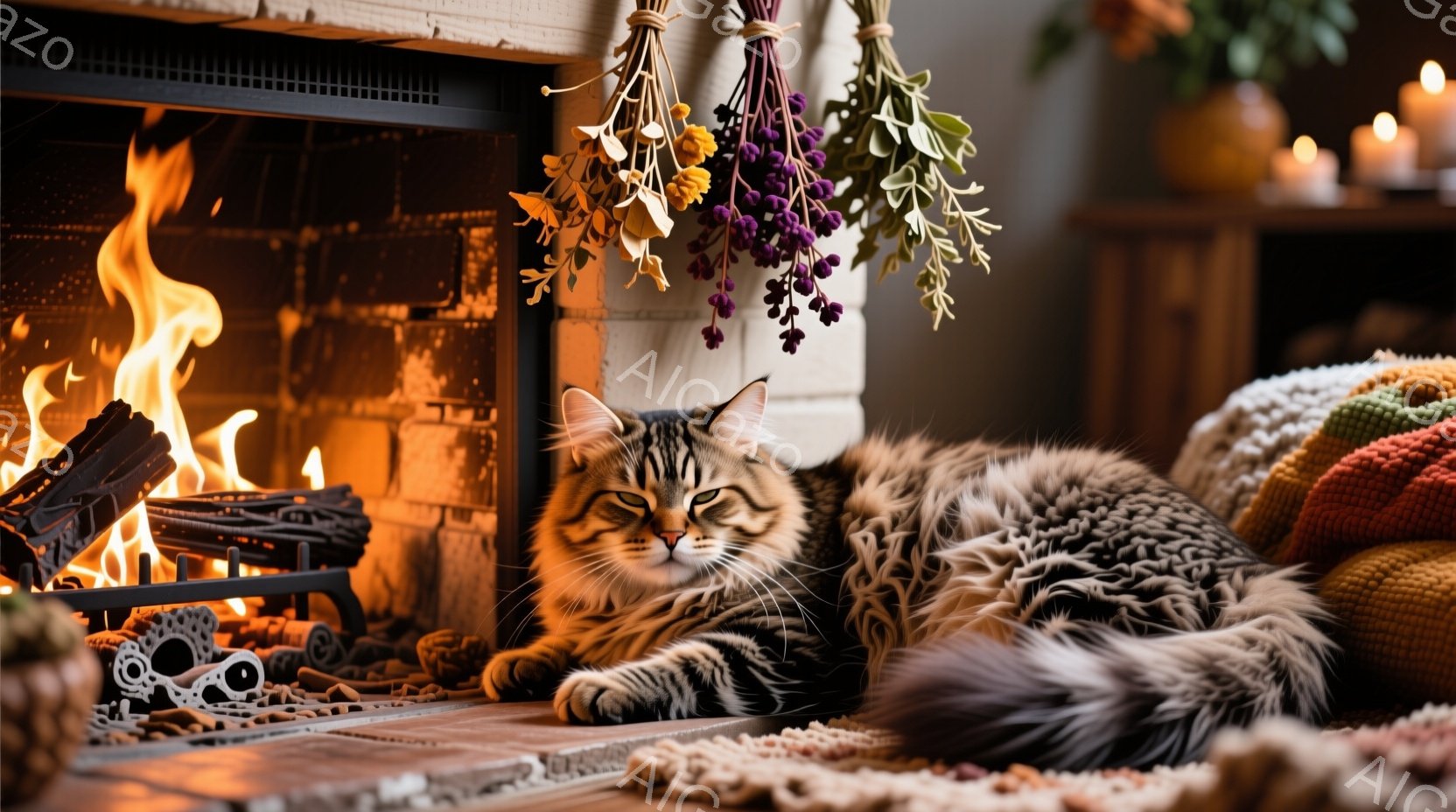長毛の縞模様の猫が暖炉のそばの床に横たわっています。猫はリラックスした表情で、毛並みが美しく、背景には乾燥した花束が飾られ、暖炉には火が灯っています。全体的に、暖かく、穏やかで、居心地の良い雰囲気です - AI生成フリー素材