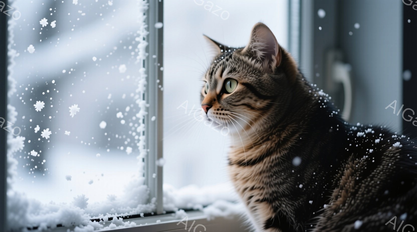 茶色の縞模様の猫が、雪が降る窓辺に座って外を見つめている。猫は横向きで、鋭い眼差しで何かを捉えようとしているように見える。背景には雪景色が広がり、窓枠には雪が積もり、冬の静寂で穏やかな雰囲気を醸し出し - AI生成フリー素材