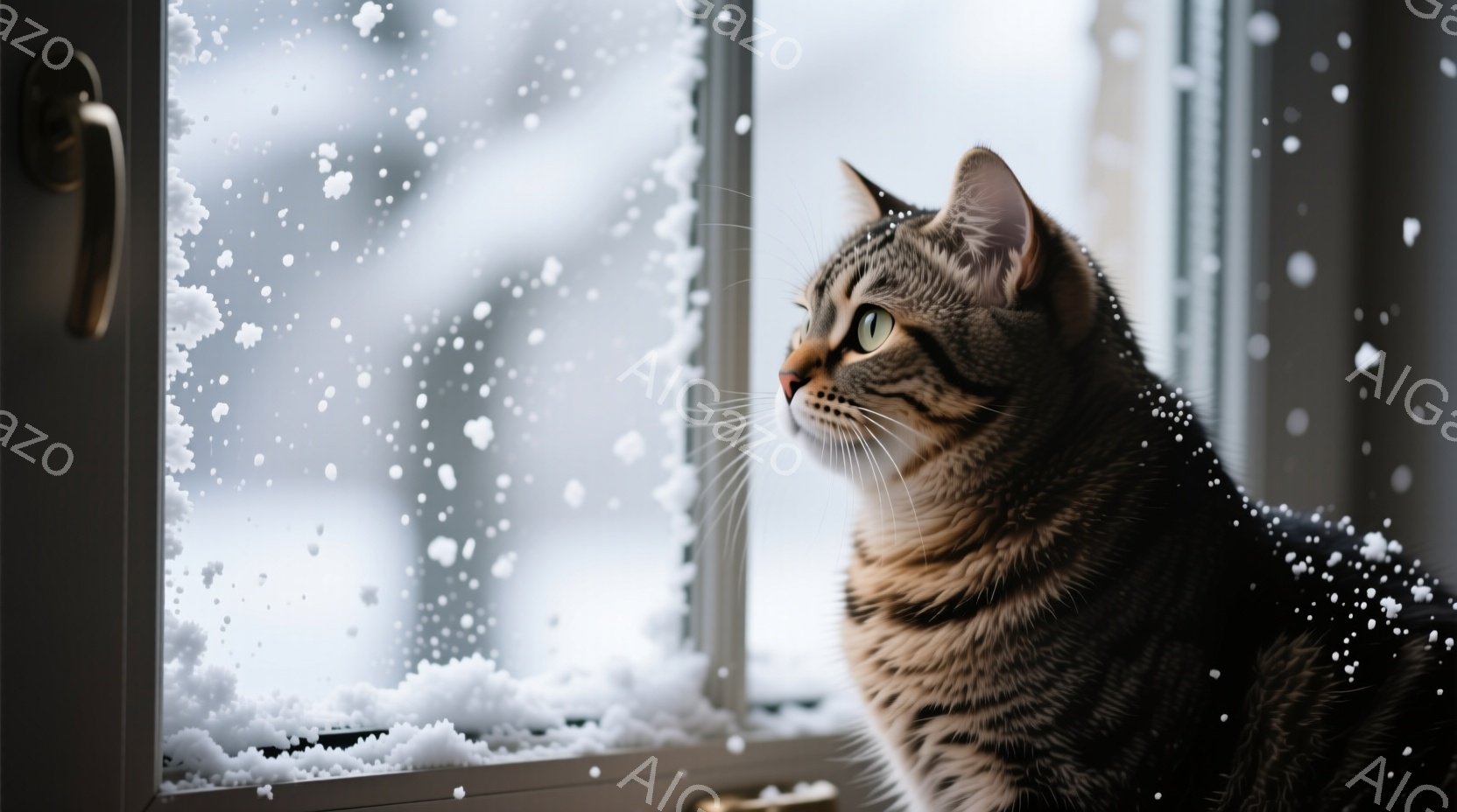 茶色の縞模様の猫が窓の外を眺めています。窓ガラスには雪が降り積もり、背景は白くぼやけています。猫は少し首をかしげ、好奇心と静けさのある表情で冬の風景を観察しています。 - AI生成フリー素材