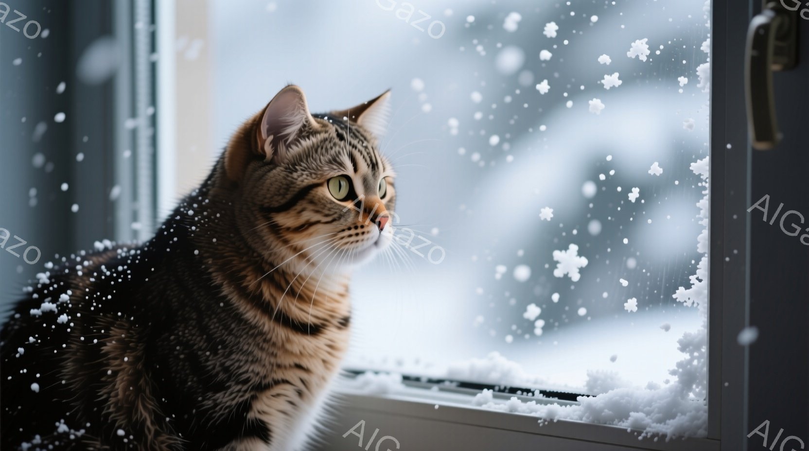 白い毛並みにチョコレート色のポイントが特徴的なシャム猫が、霜で覆われた木の枝に座ってこちらを見ている。背景は霧に包まれた森で、木々がぼんやりと見え、冬の静寂で凍てついた雰囲気が漂う。猫の鋭い視線と霜のついた枝が、冷たく美しい冬の風景を作り出している。