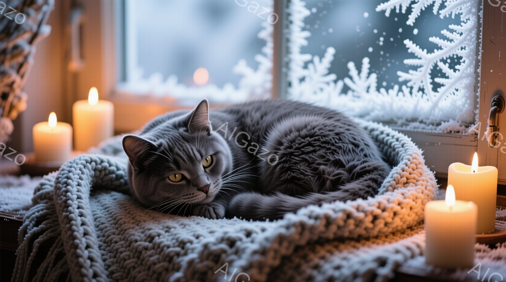 灰色の猫が、厚手のニットの毛布の上でリラックスして横たわっています。猫は鋭い黄色の目でカメラを見つめ、穏やかで落ち着いた表情をしています。背景には雪の結晶が描かれた窓と、周囲を照らす複数のロウソクがあ - AI生成フリー素材