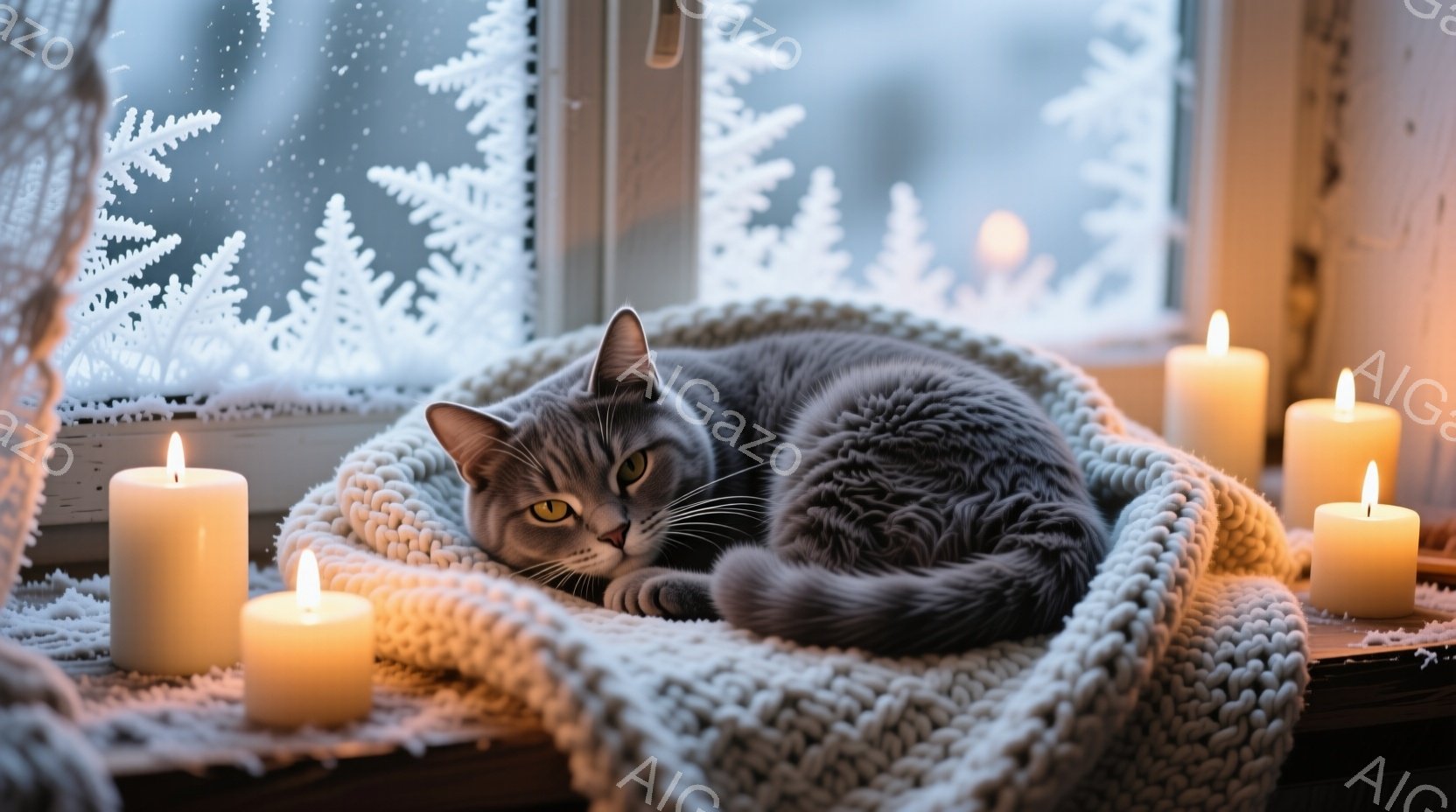 灰色の猫が白い編み物のブランケットに丸まって横たわっており、穏やかな表情でこちらを見ている。窓の外には雪の結晶が描かれており、周りには灯された白いキャンドルが置かれている。全体的に暖かく、静かで、冬の - AI生成フリー素材