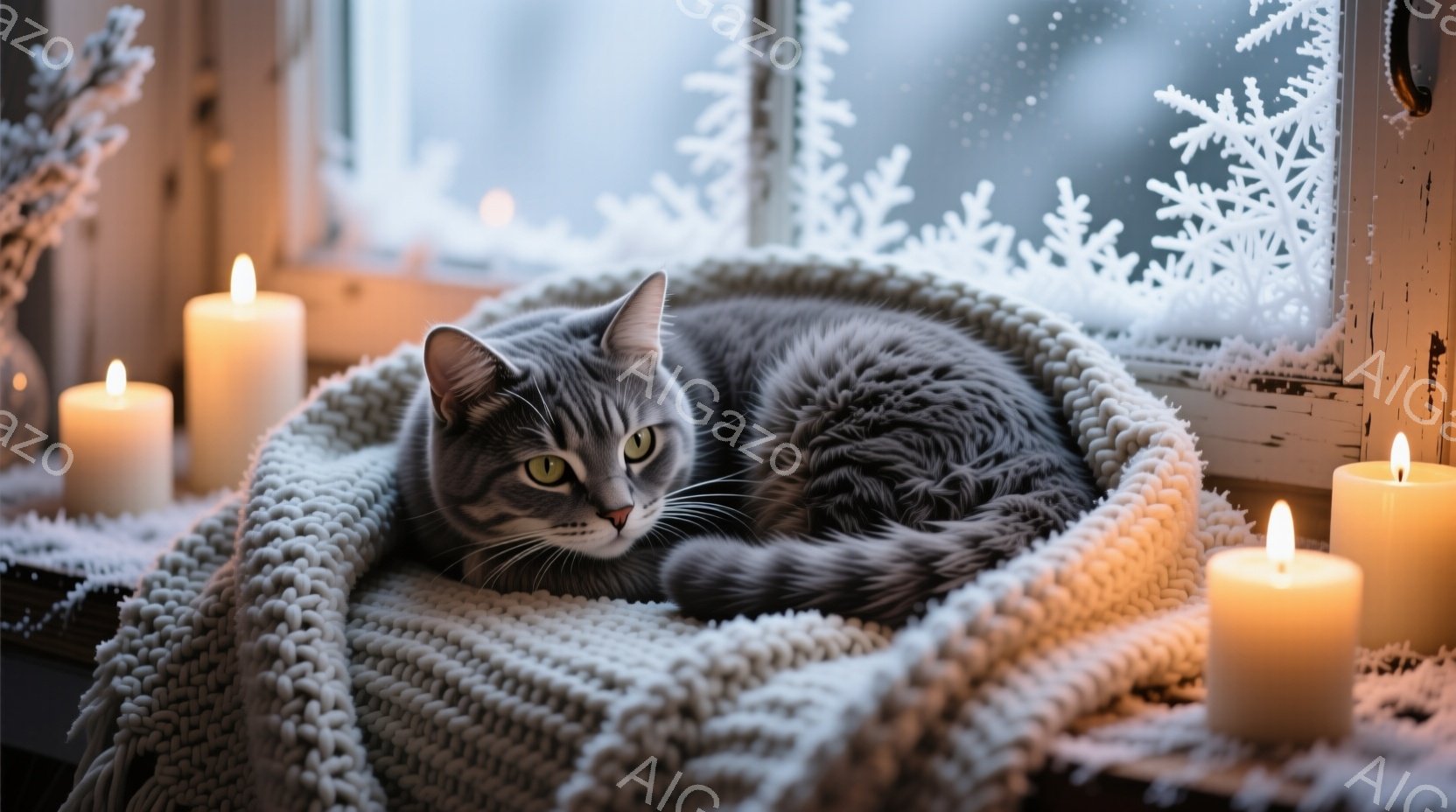 灰色と白の毛並みを持つ猫が、白い編み物のブランケットに丸まって横たわっている。窓辺に置かれたキャンドルが猫を照らし、窓ガラスには雪の結晶模様が描かれているため、冬の暖かく穏やかな雰囲気が漂っている。猫 - AI生成フリー素材