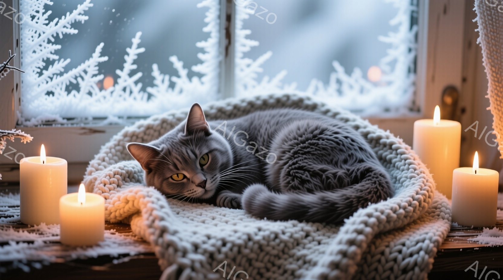 灰色の猫が、編み物の白いブランケットに丸まって眠っています。窓の外は雪景色で、白い霜が窓ガラスに模様を描いています。周囲には数本の白いキャンドルが灯っており、暖かく穏やかな冬の雰囲気を醸し出しています - AI生成フリー素材