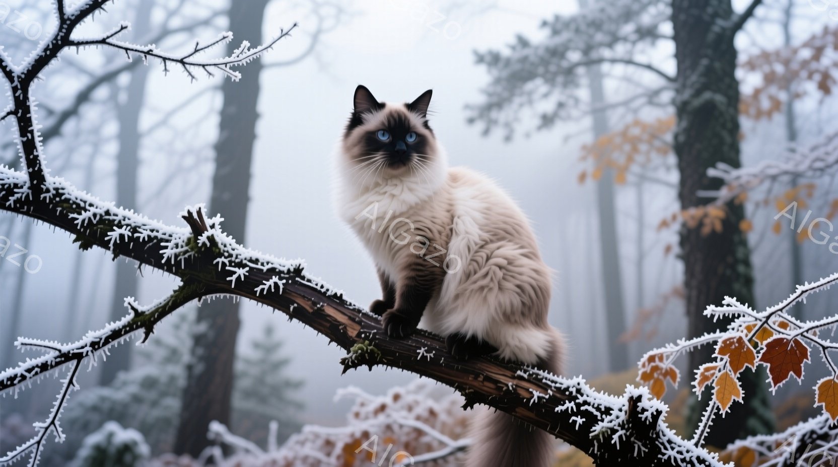 白い毛並みと青い瞳を持つシャム猫が、霜で覆われた木の枝に座ってこちらを見ている。背景は霧に包まれた森林で、木々は白く覆われ、冬の静寂な雰囲気を醸し出している。猫は落ち着いた表情で、まるで冬の森の主であ - AI生成フリー素材