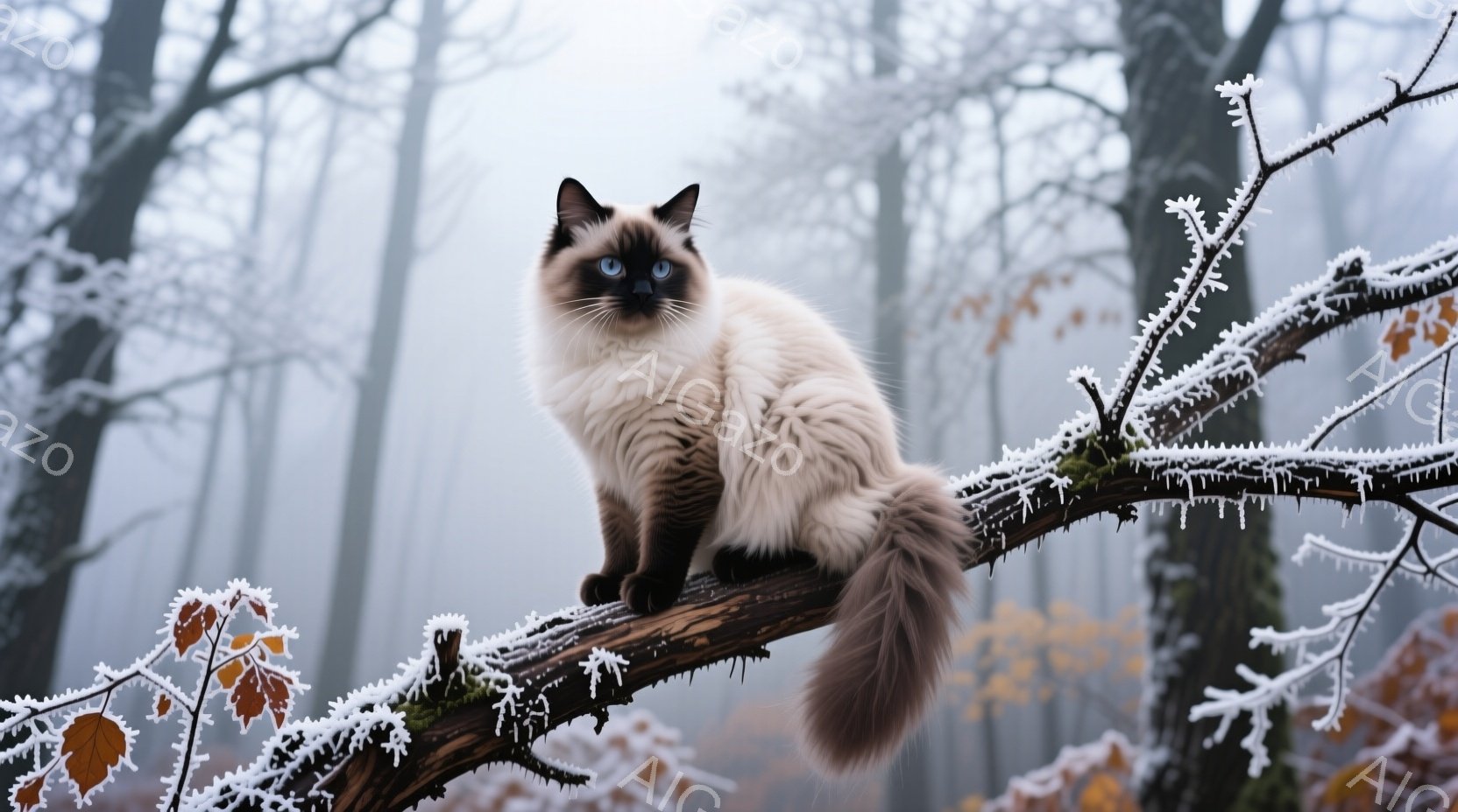 クリーム色の毛並みにチョコレート色の耳と手足、足裏を持つシャム猫が、霜で覆われた木の枝に座っています。青い瞳は少し伏せており、落ち着いた表情で、ふさふさとした尻尾が枝から垂れ下がっています。背景は霧に - AI生成フリー素材