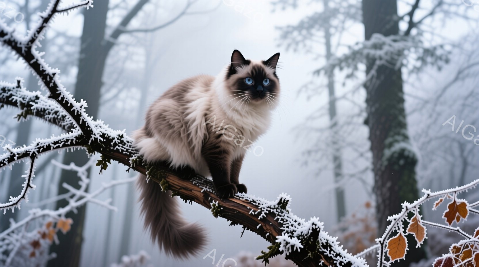 美しいシャム猫が、霜で覆われた木の枝に座っています。その猫は、濃い茶色の斑点とクリーム色の毛並みを持つ、ふさふさとした長い毛並みで、青い目が印象的です。背景は霧に包まれた森林で、冬の静かで幻想的な雰囲 - AI生成フリー素材