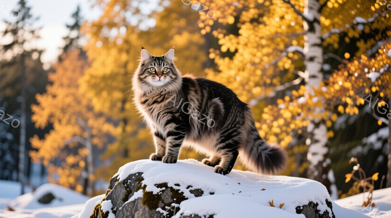 長毛の縞模様の猫が雪に覆われた岩の上に立っている。背景には鮮やかな黄色の紅葉と、暗い緑の針葉樹林が広がっており、冬の澄んだ空気を感じさせる。猫は凛とした表情で遠くを見つめ、冬の自然の中で堂々と生きる姿を表現している。