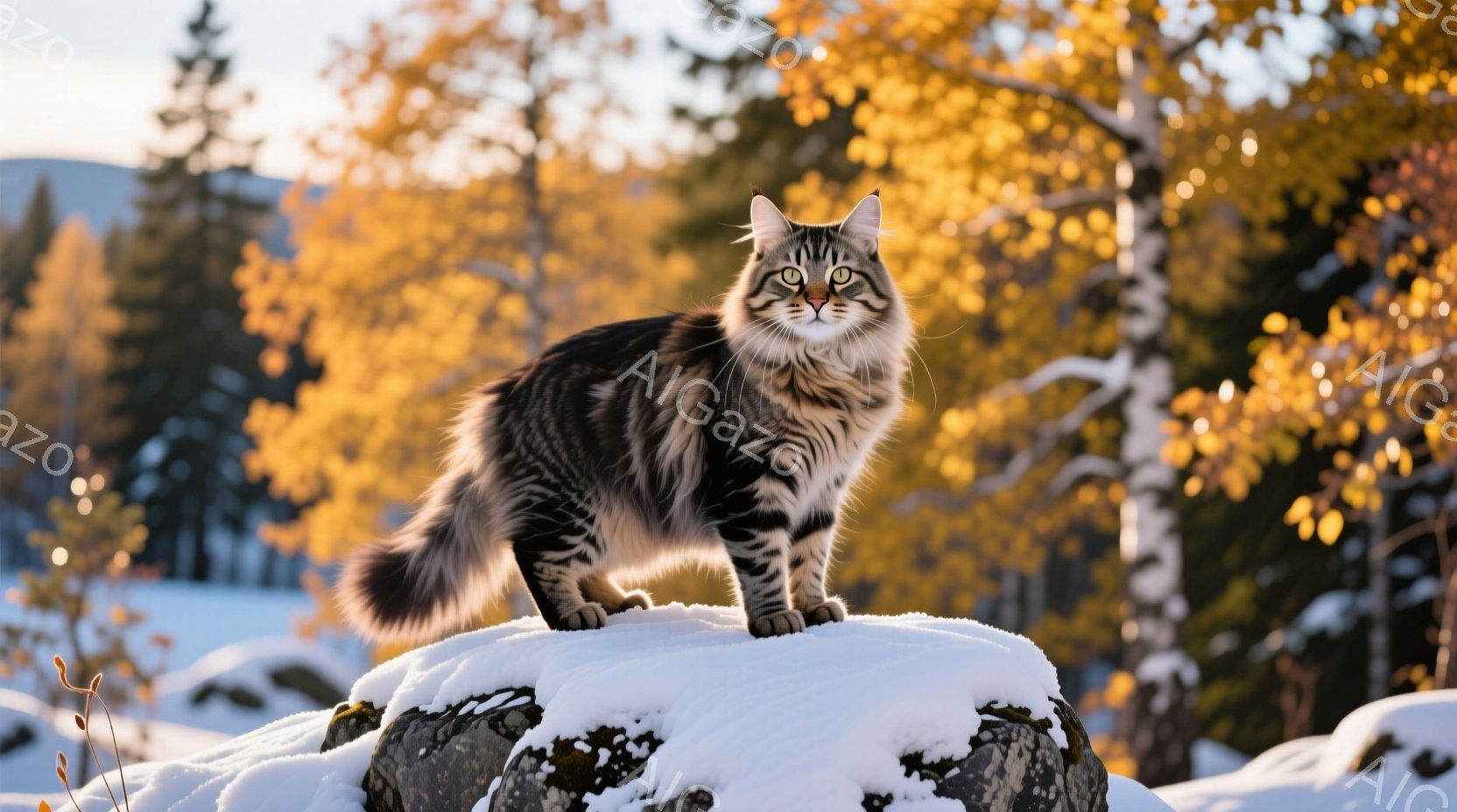 雪をまとった岩の上に、毛並みの美しい縞模様の猫が凛々しく立っている。背景には白樺の木々と雪景色が広がり、秋の終わりを感じさせる暖かい光が猫を照らしている。猫の表情はどこか自信に満ち溢れ、冬の自然の中で - AI生成フリー素材