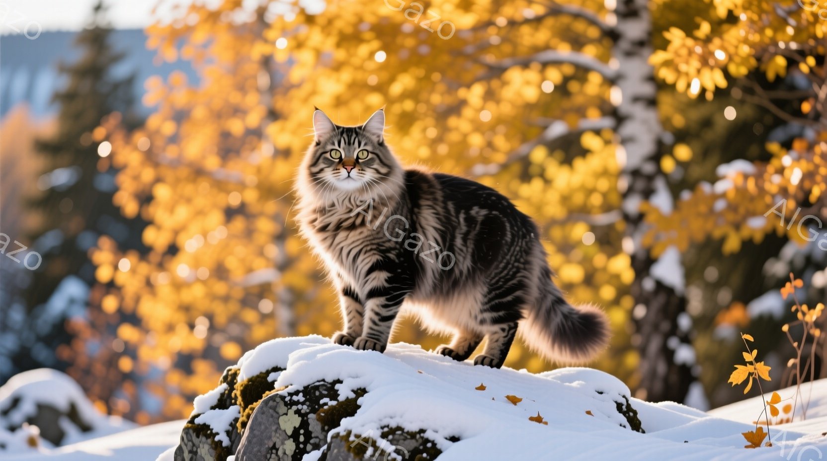 縞模様の大きな猫が雪に覆われた岩の上に堂々と立っている。背景には黄金色の落葉の木々と暗緑色の針葉樹林が広がり、鮮やかな秋の風景が広がっている。猫の鋭い眼差しと堂々とした姿勢は、自然の中で生きる力強さを - AI生成フリー素材