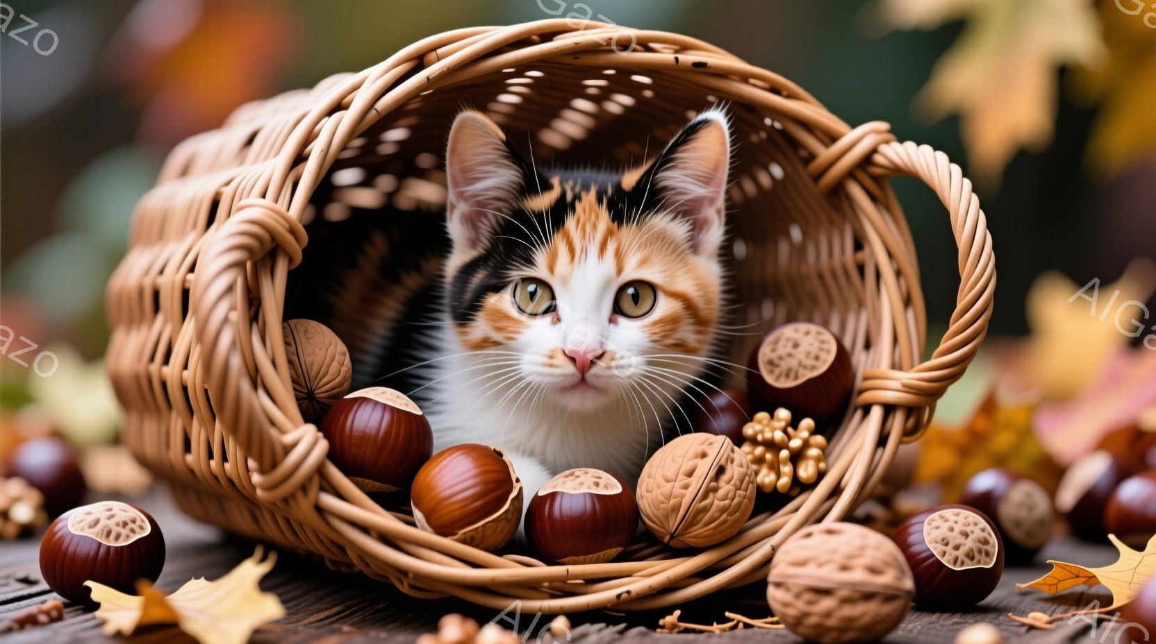 白とオレンジと茶色のまだら模様の猫が、編まれた籠の中に丸まって座っています。籠の周りや中には栗が散らばっており、背景には秋らしい葉が落ちている木製のテーブルが見えます。温かく、秋の収穫を思わせる、穏やかな雰囲気です。