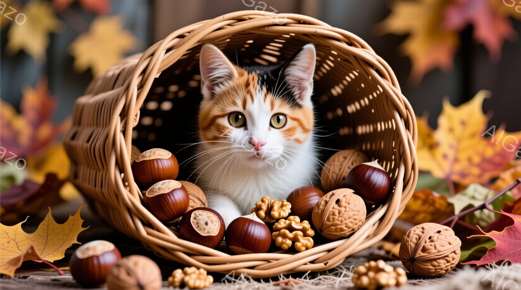 籠の中に白い胸元に茶色と黒の模様が入った子猫がちょこんと座っており、大きな緑色の瞳でカメラを見つめている。籠の中と周囲には、割れた栗やどんぐりが散らばり、背景には紅葉した葉が敷き詰められている。全体的に暖かく秋らしい、穏やかな雰囲気が漂っている。